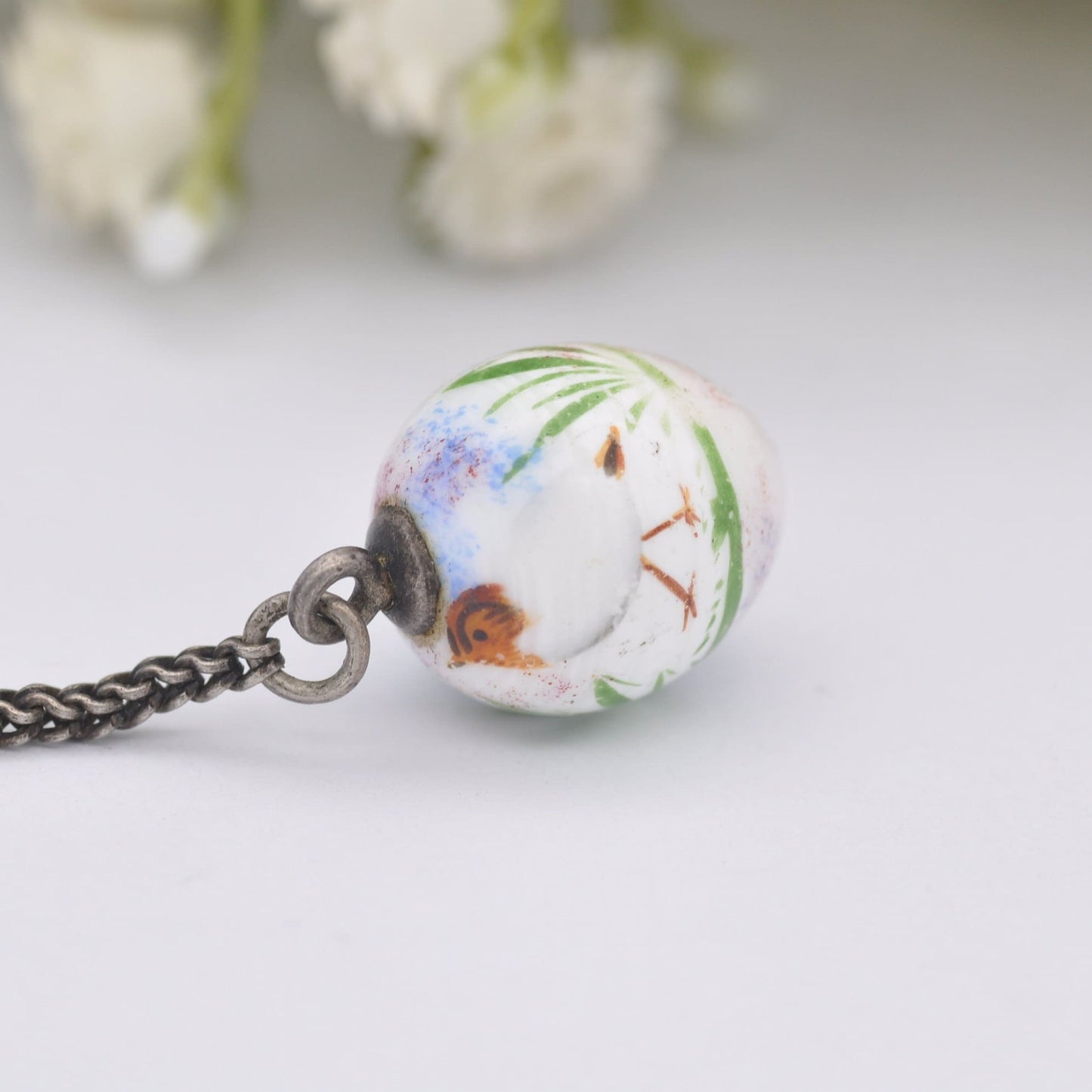 Antique Victorian Silver Dog Clip Fob Collection with Painted Bird Egg and Threepence Coin Love Token Engraved EM
