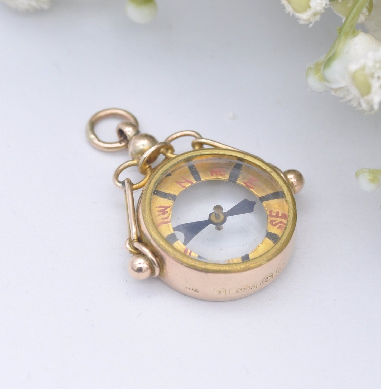Antique 9ct Gold Compass Fob Pendant with Hand Written Rose - Edwardian 1908