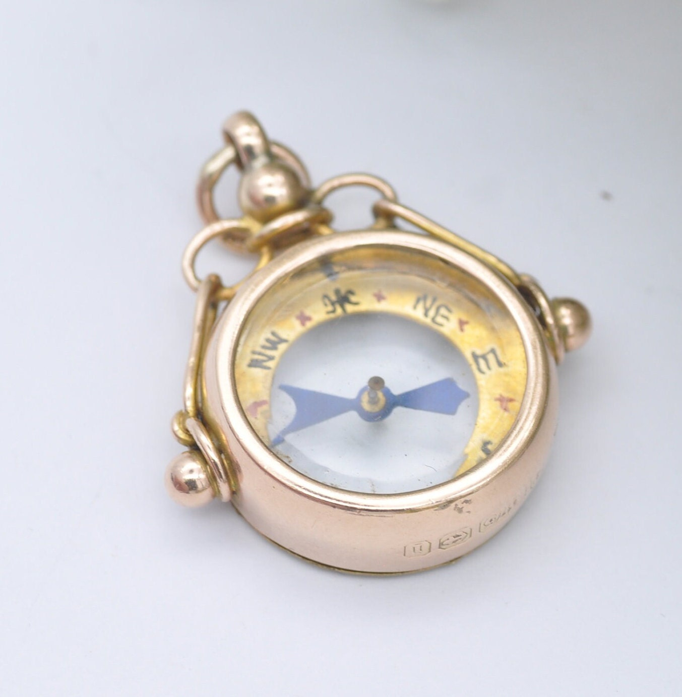 Antique 9ct Gold Compass Fob Pendant with Hand Written Rose - Edwardian 1908