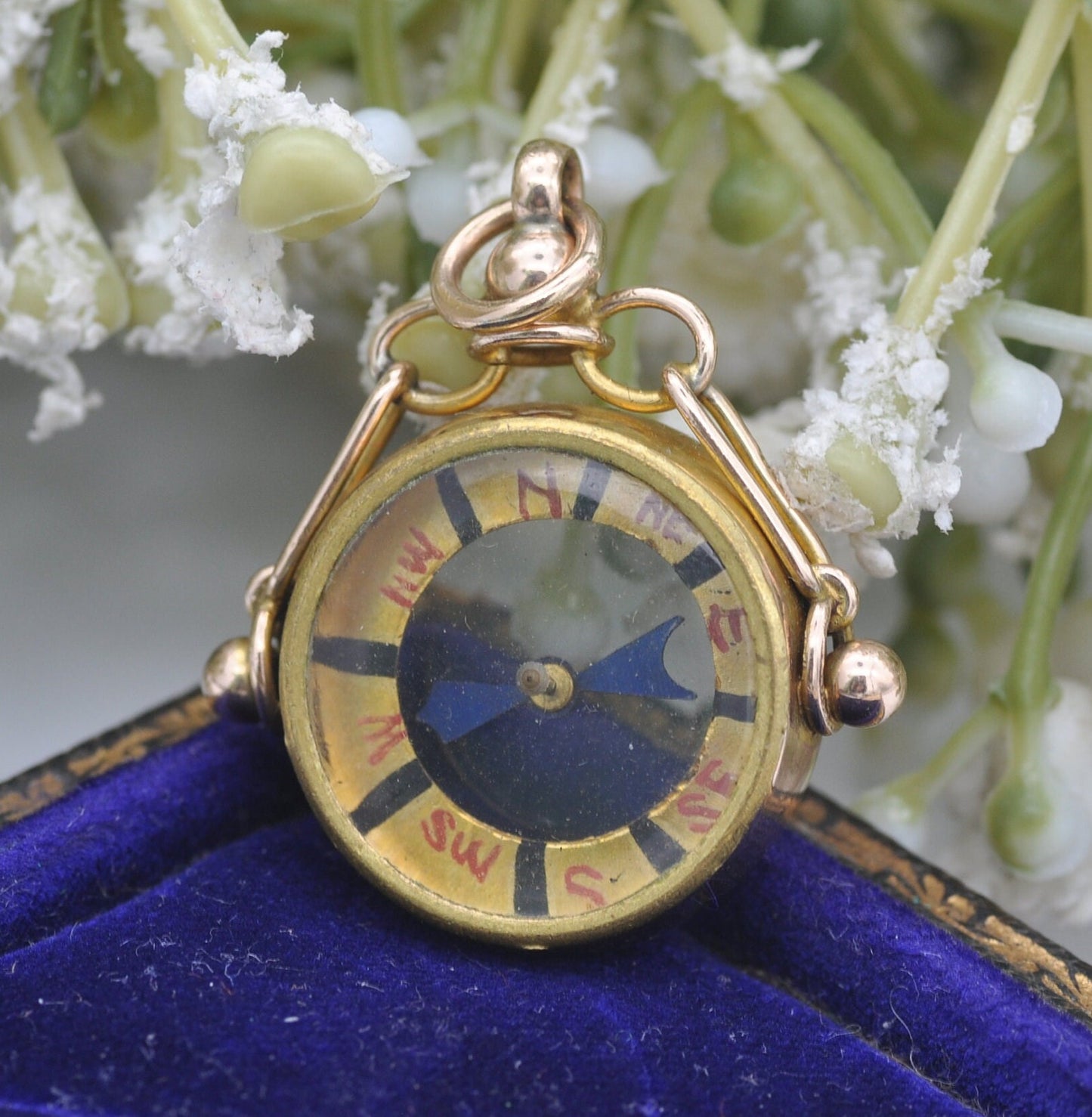 Antique 9ct Gold Compass Fob Pendant with Hand Written Rose - Edwardian 1908