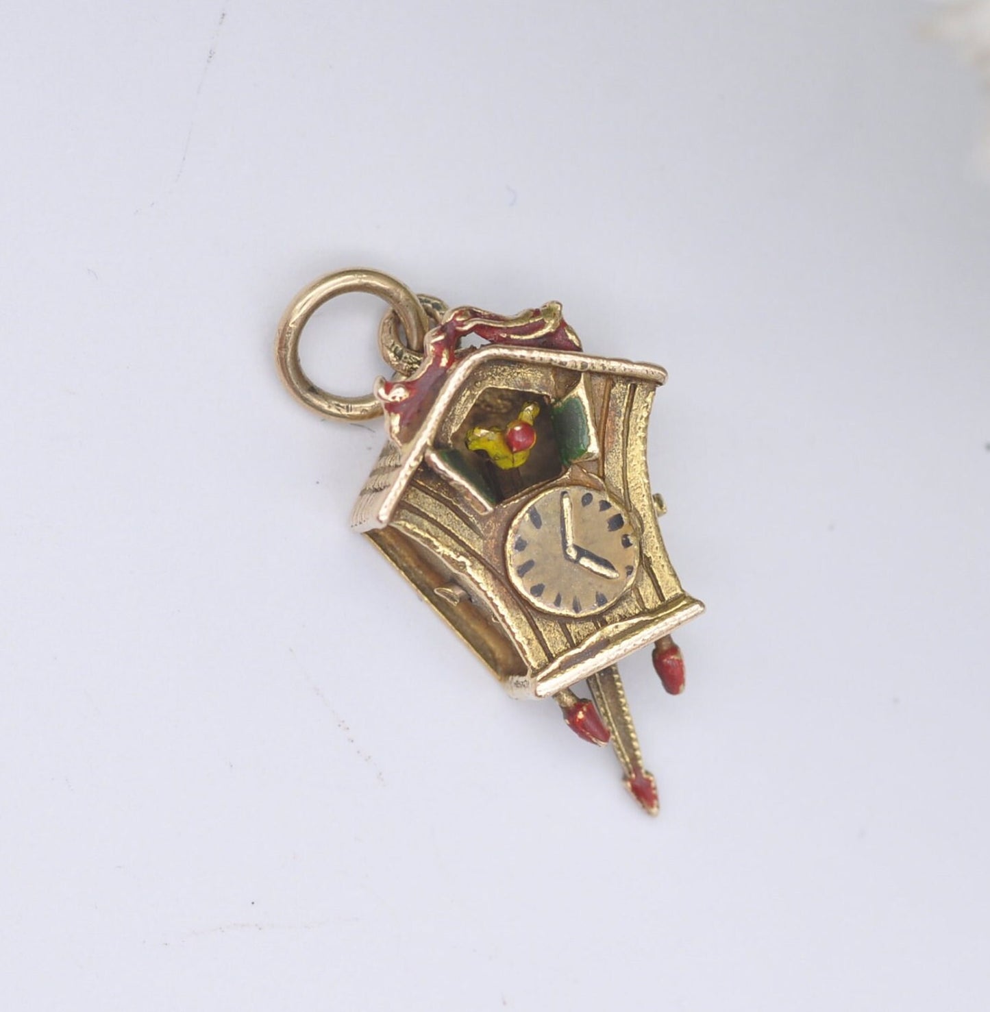 Vintage 9ct Gold Enamel Cuckoo Clock Charm Pendant with Articulated Moving Bird and Pendulum