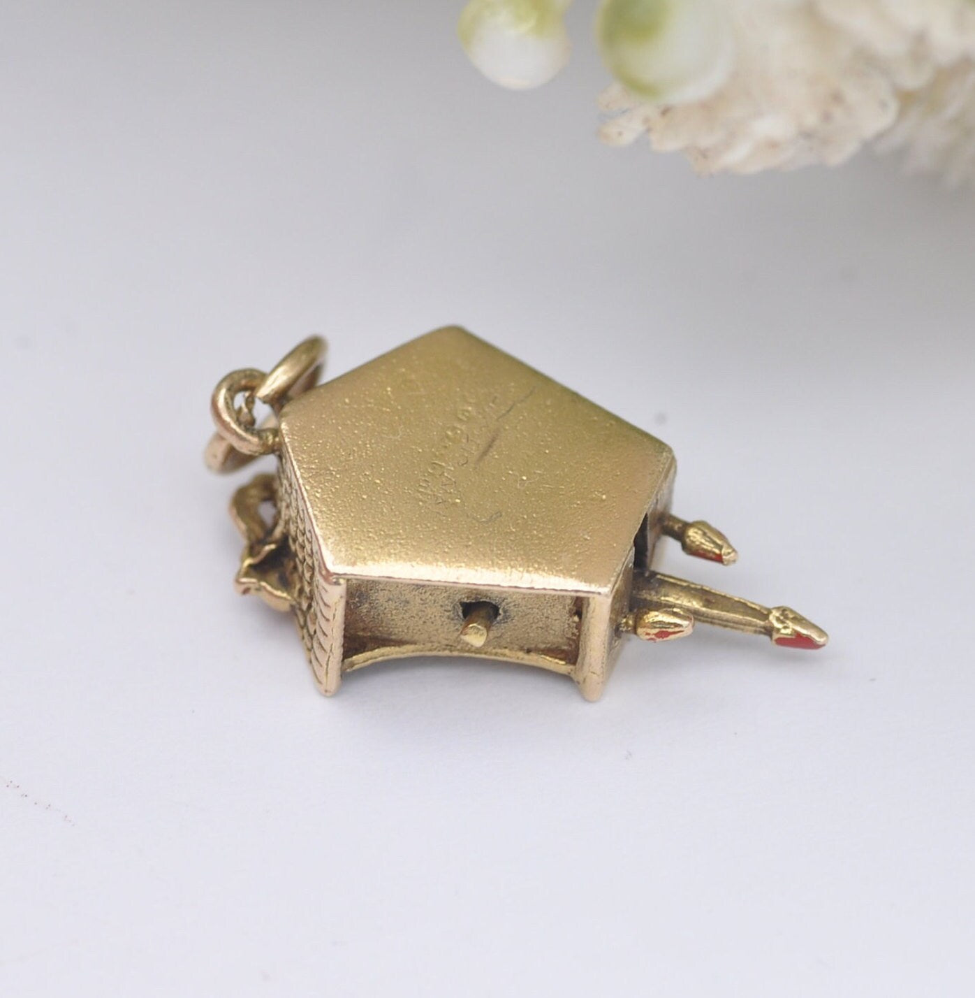 Vintage 9ct Gold Enamel Cuckoo Clock Charm Pendant with Articulated Moving Bird and Pendulum