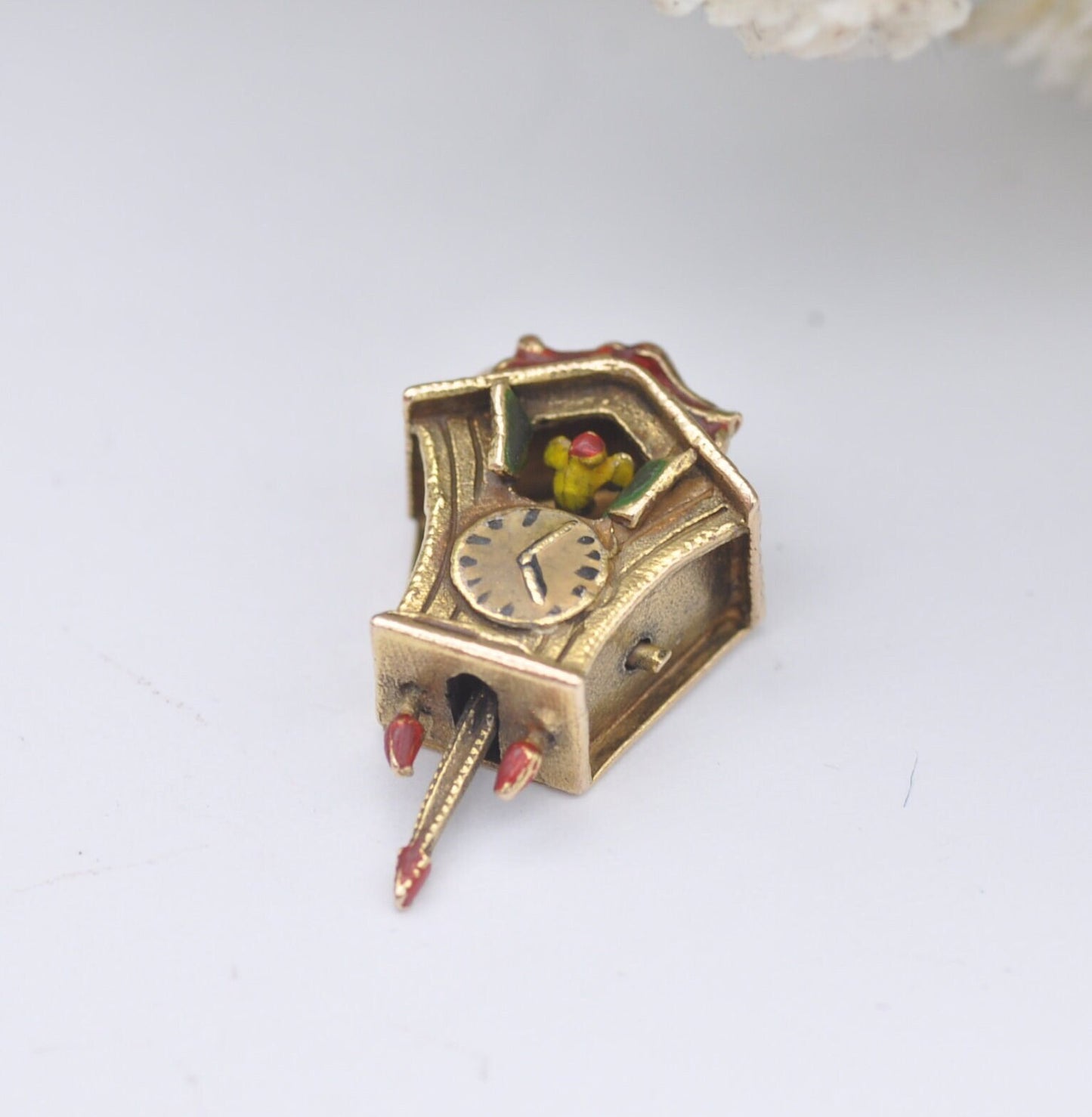 Vintage 9ct Gold Enamel Cuckoo Clock Charm Pendant with Articulated Moving Bird and Pendulum