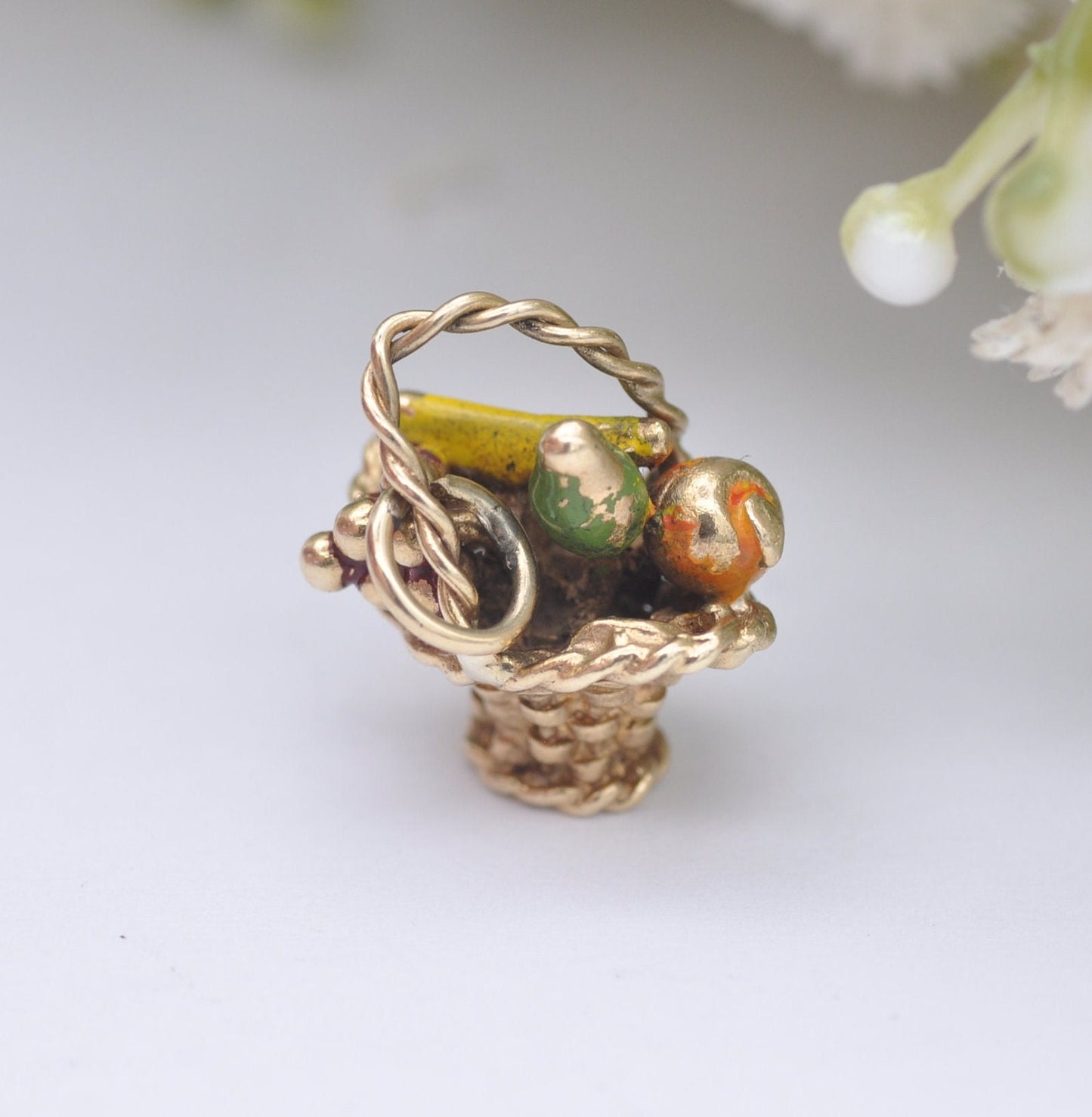 Vintage 9ct Gold Fruit Basket Charm Pendant 1971 - Enamel Fruit Charm