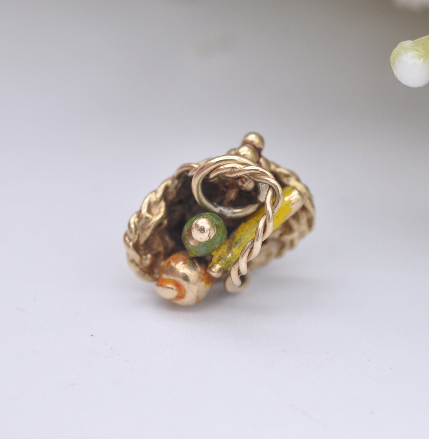 Vintage 9ct Gold Fruit Basket Charm Pendant 1971 - Enamel Fruit Charm
