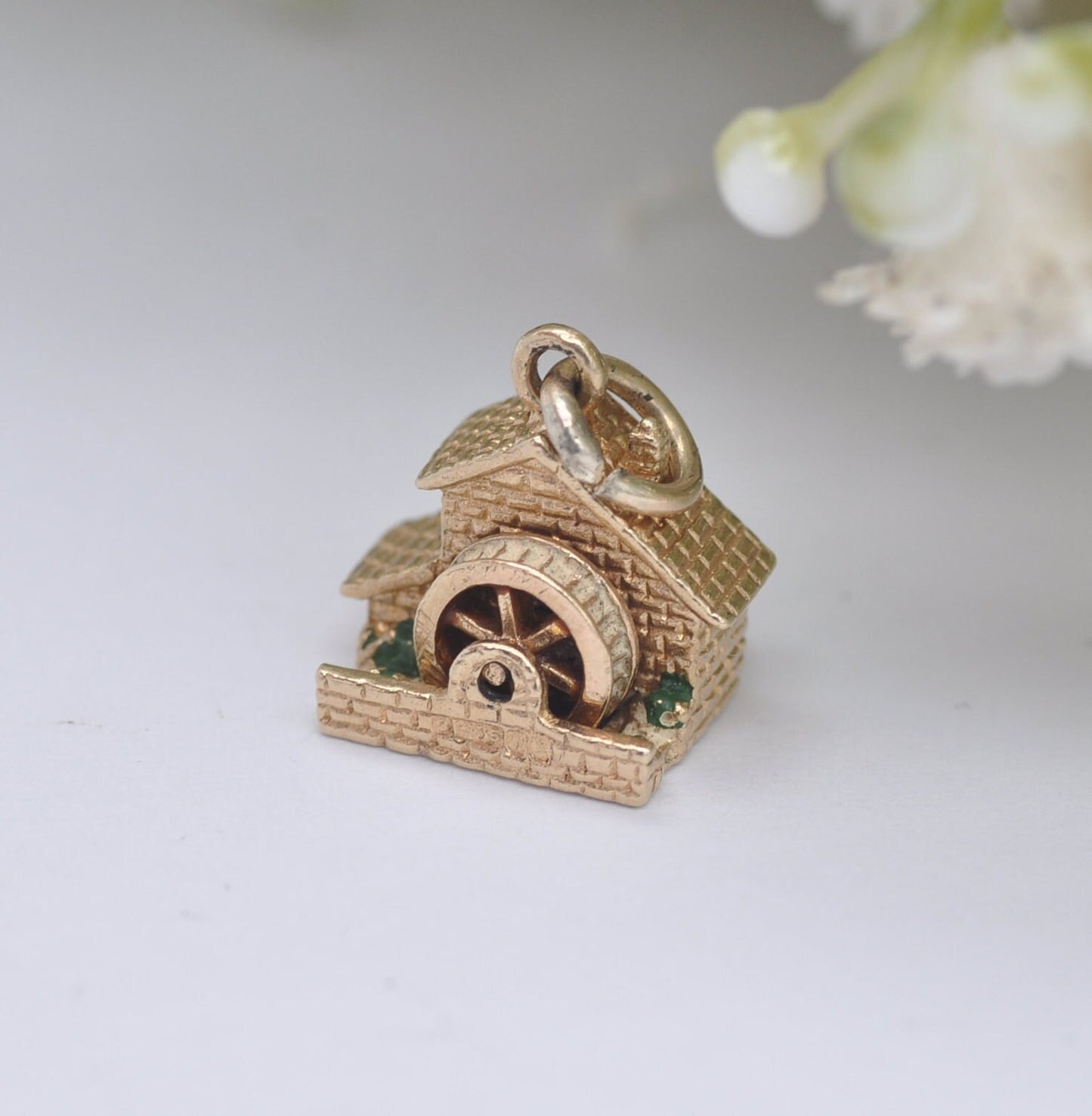 Vintage 9ct Gold Watermill Charm Pendant 1972 - with Spinning Wheel