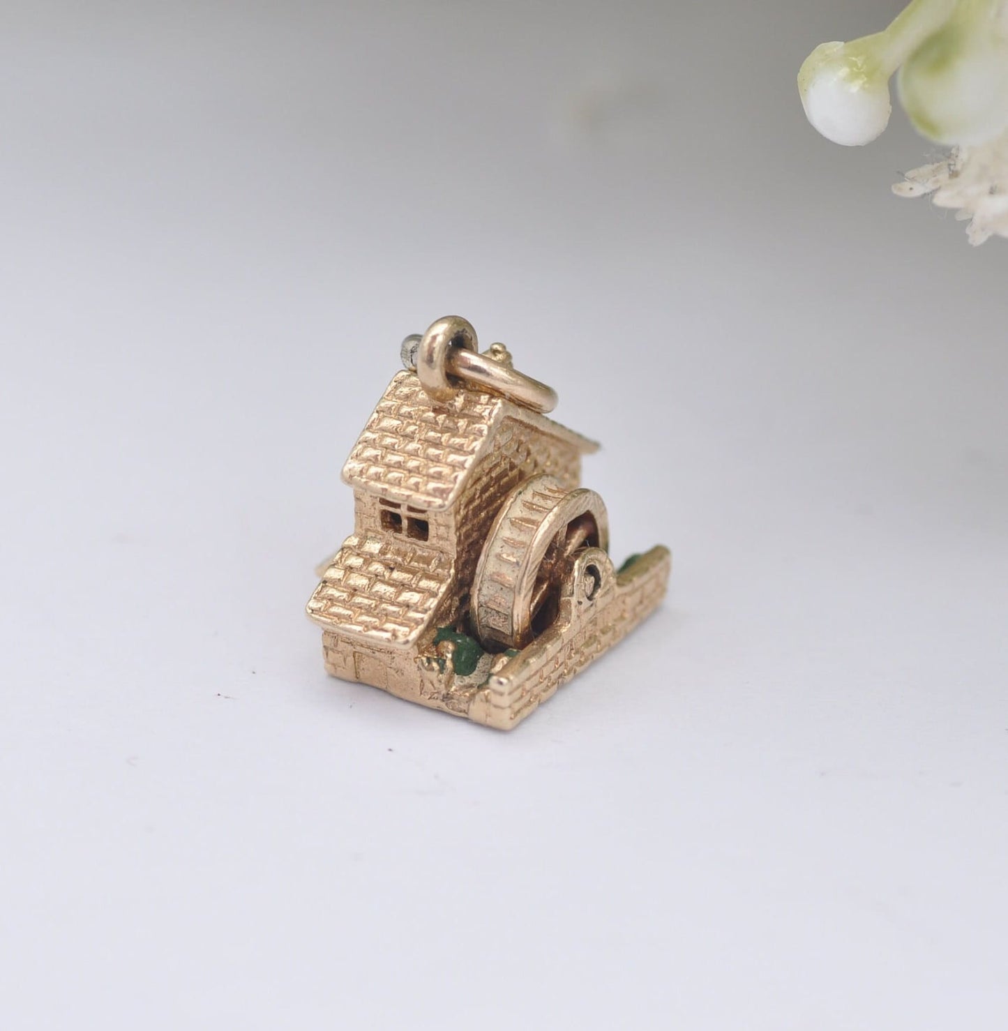 Vintage 9ct Gold Watermill Charm Pendant 1972 - with Spinning Wheel