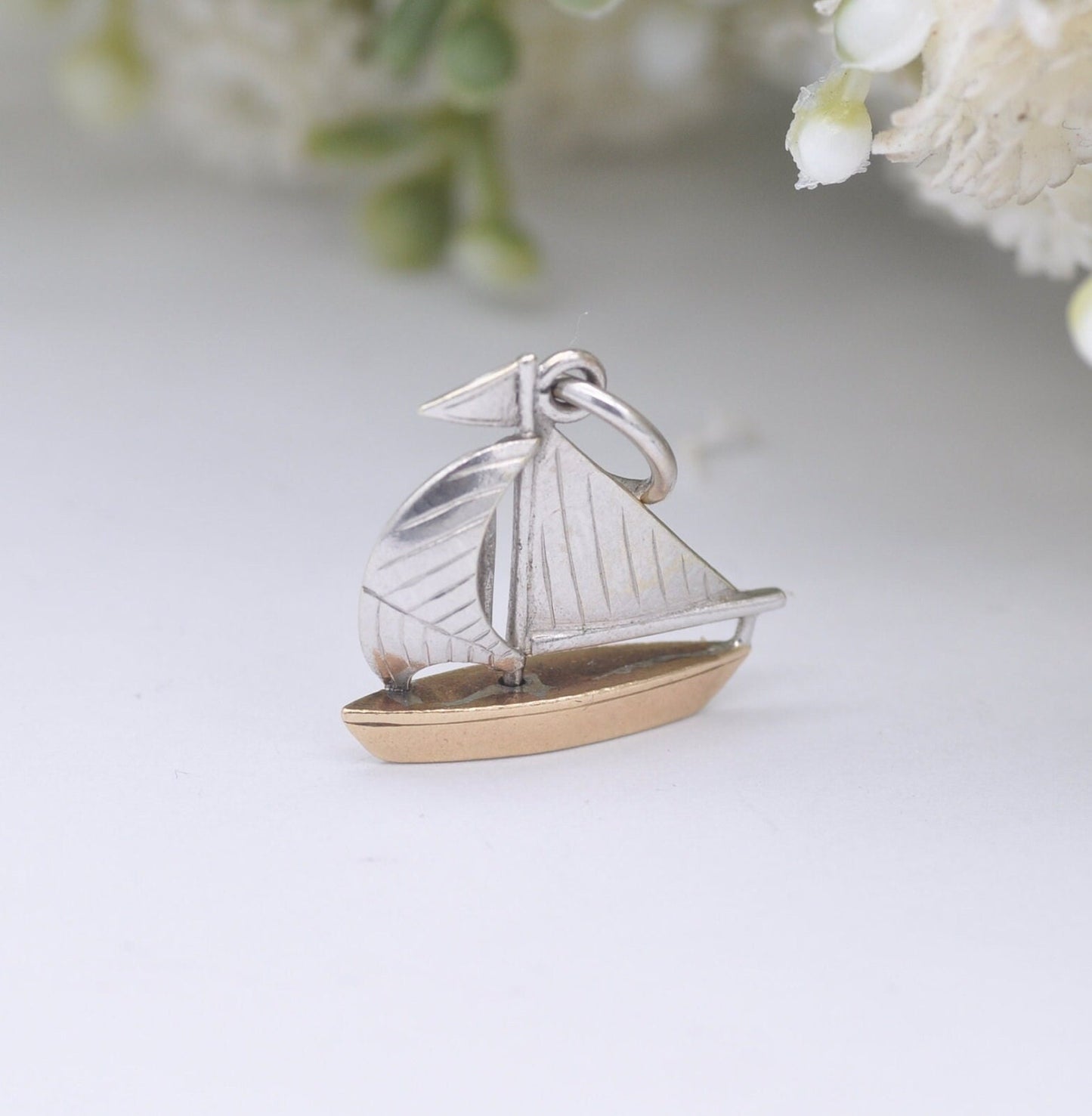 Vintage 9ct Gold Boat Charm Pendant 1976 - Yellow Gold and White Gold Sails | Yacht Sailing Boat