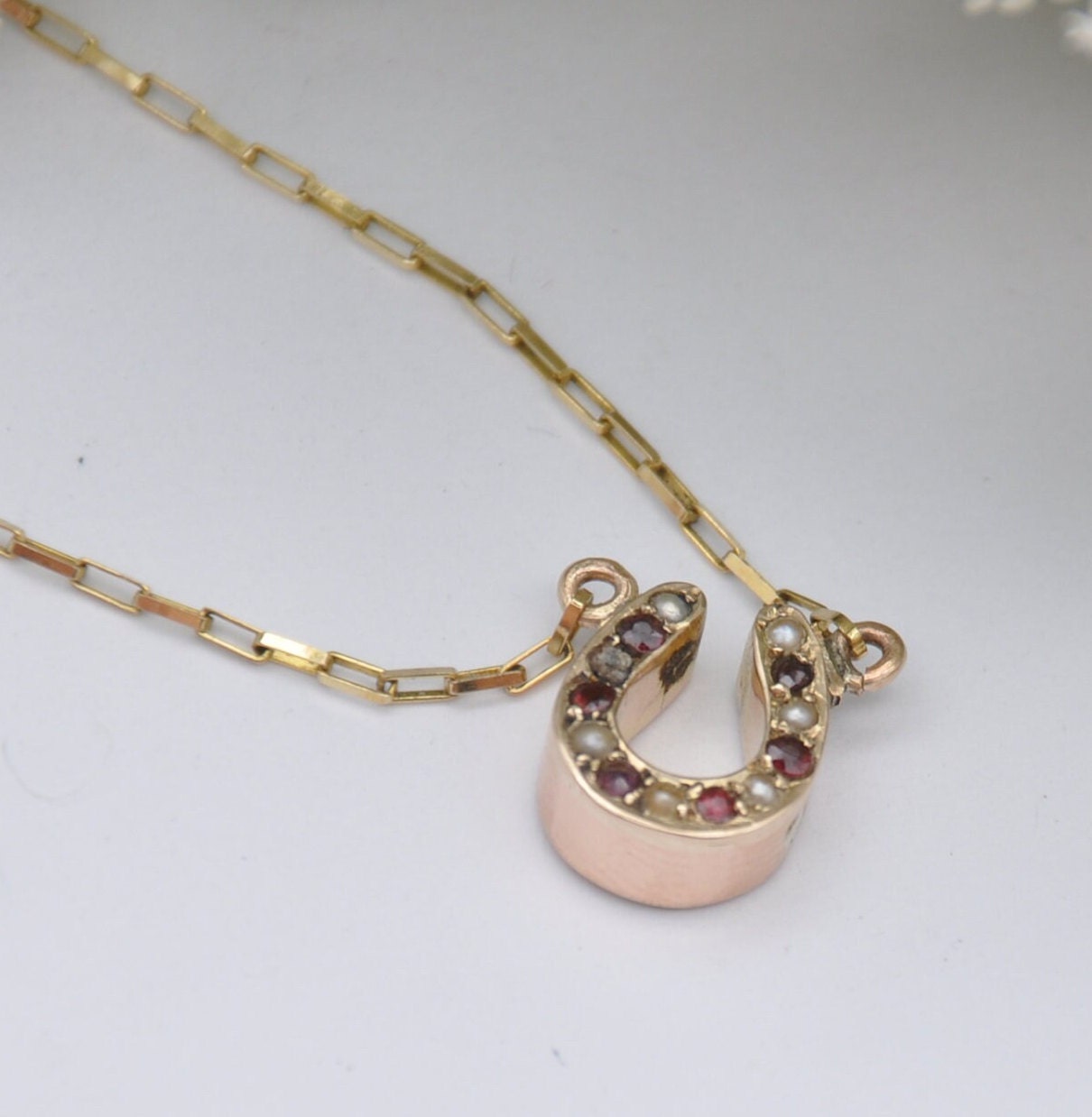 Antique Victorian 9ct Rose Gold Garnet Seed Pearl Pendant Necklace - Lucky Horseshoe