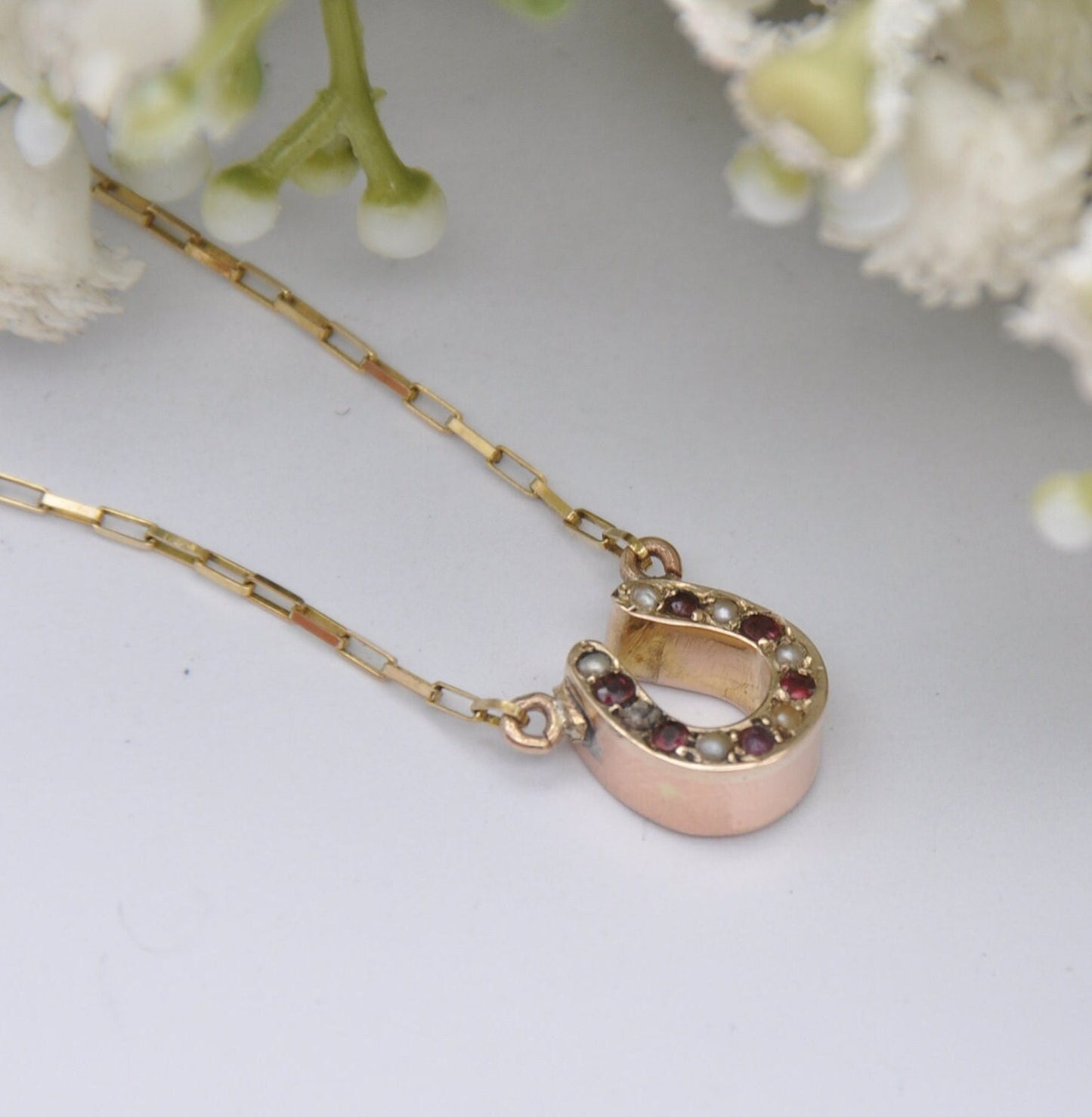 Antique Victorian 9ct Rose Gold Garnet Seed Pearl Pendant Necklace - Lucky Horseshoe