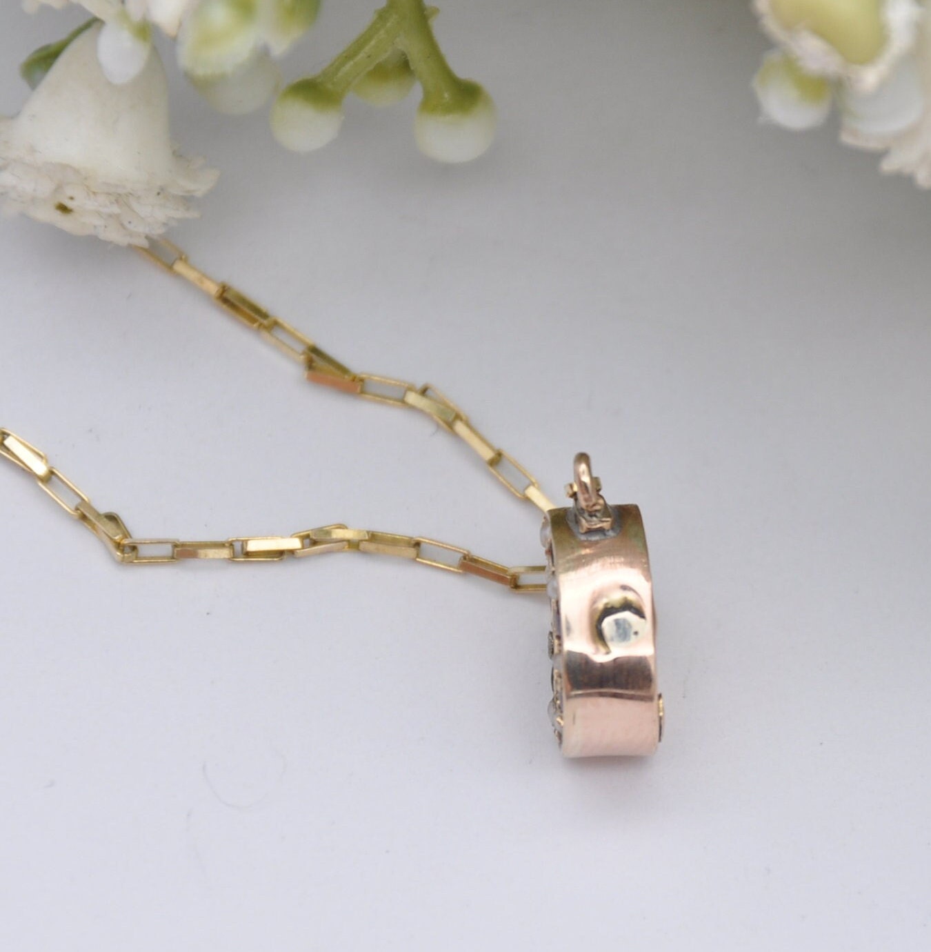 Antique Victorian 9ct Rose Gold Garnet Seed Pearl Pendant Necklace - Lucky Horseshoe