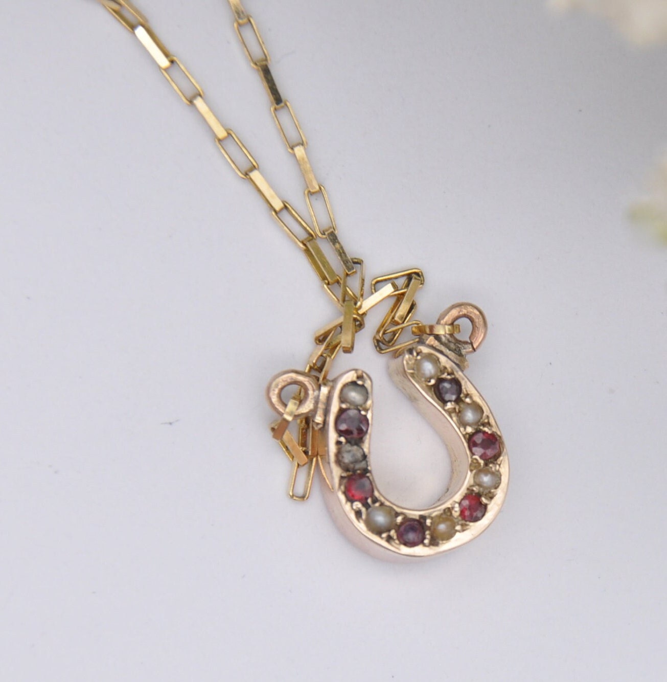 Antique Victorian 9ct Rose Gold Garnet Seed Pearl Pendant Necklace - Lucky Horseshoe
