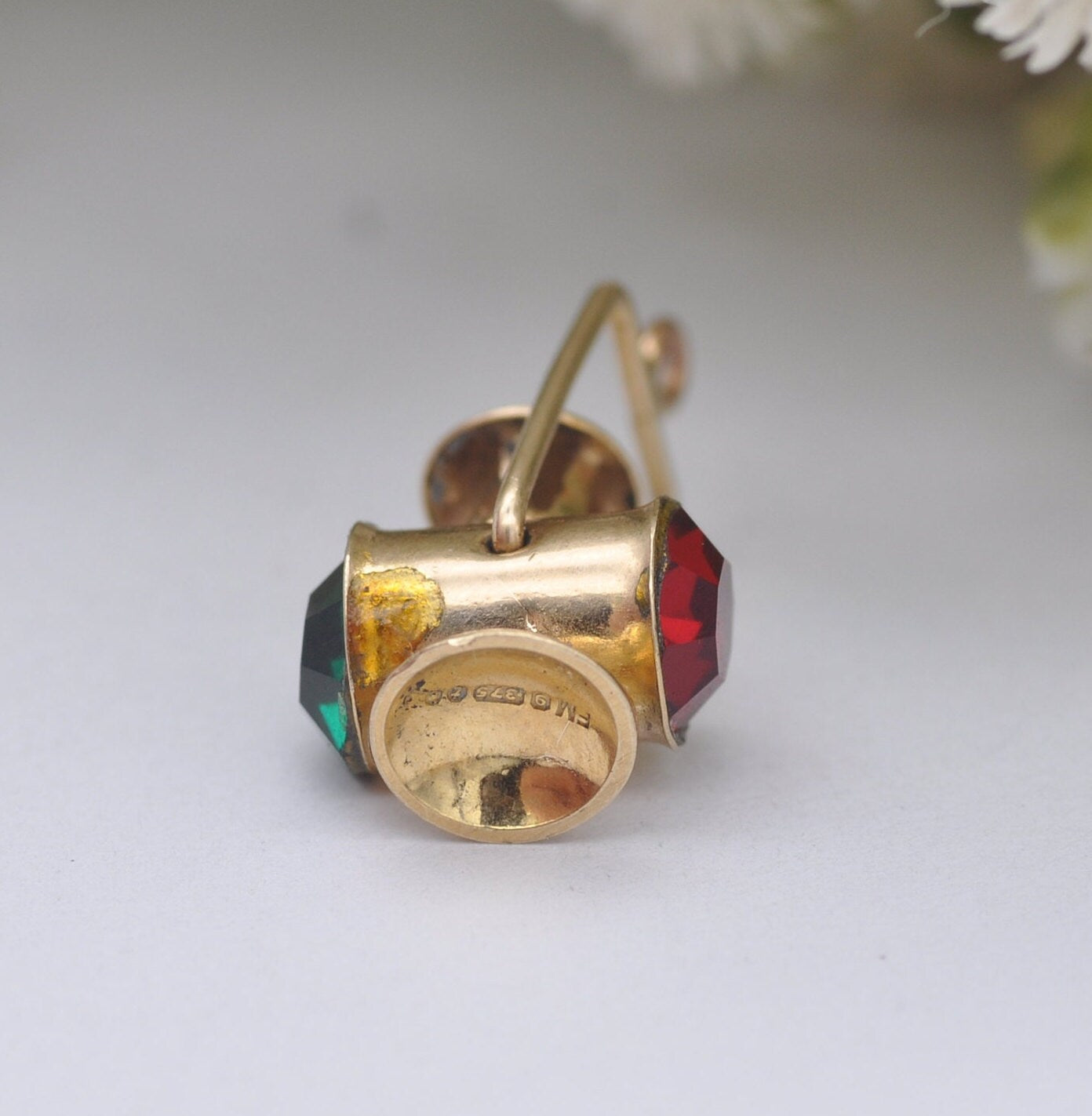 Vintage 9ct Gold Miner's Lamp Charm Pendant by Fred Manshaw 1974 with Red and Green Crystals