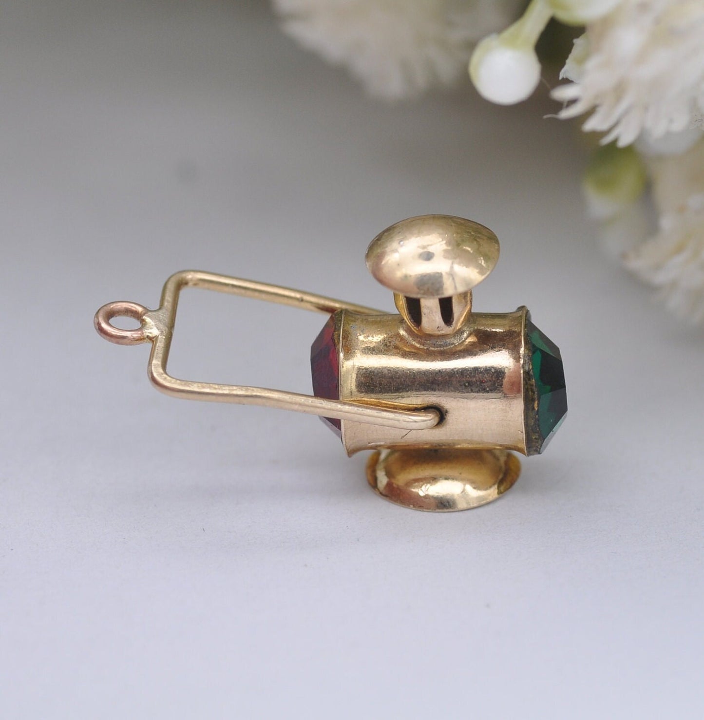 Vintage 9ct Gold Miner's Lamp Charm Pendant by Fred Manshaw 1974 with Red and Green Crystals