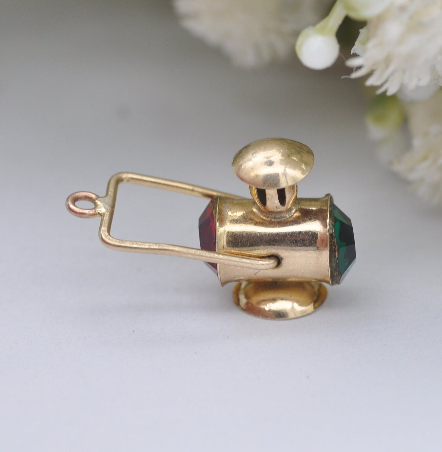 Vintage 9ct Gold Miner's Lamp Charm Pendant by Fred Manshaw 1974 with Red and Green Crystals
