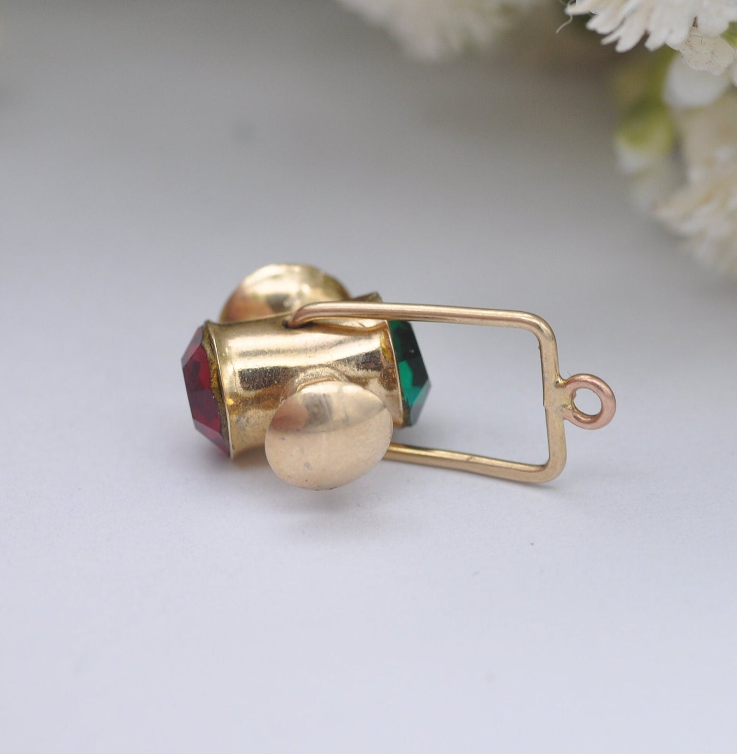 Vintage 9ct Gold Miner's Lamp Charm Pendant by Fred Manshaw 1974 with Red and Green Crystals