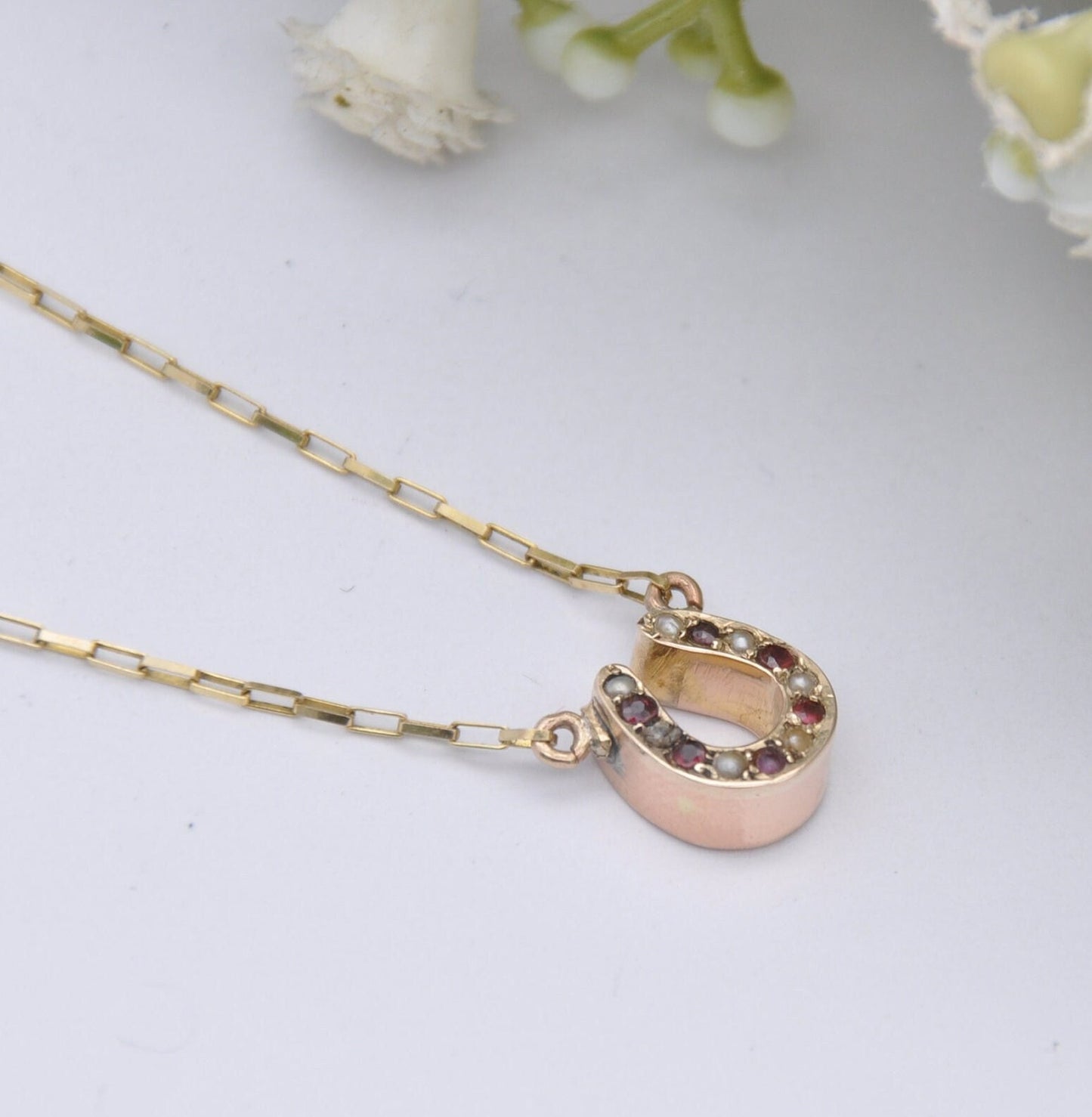 Antique Victorian 9ct Rose Gold Garnet Seed Pearl Pendant Necklace - Lucky Horseshoe