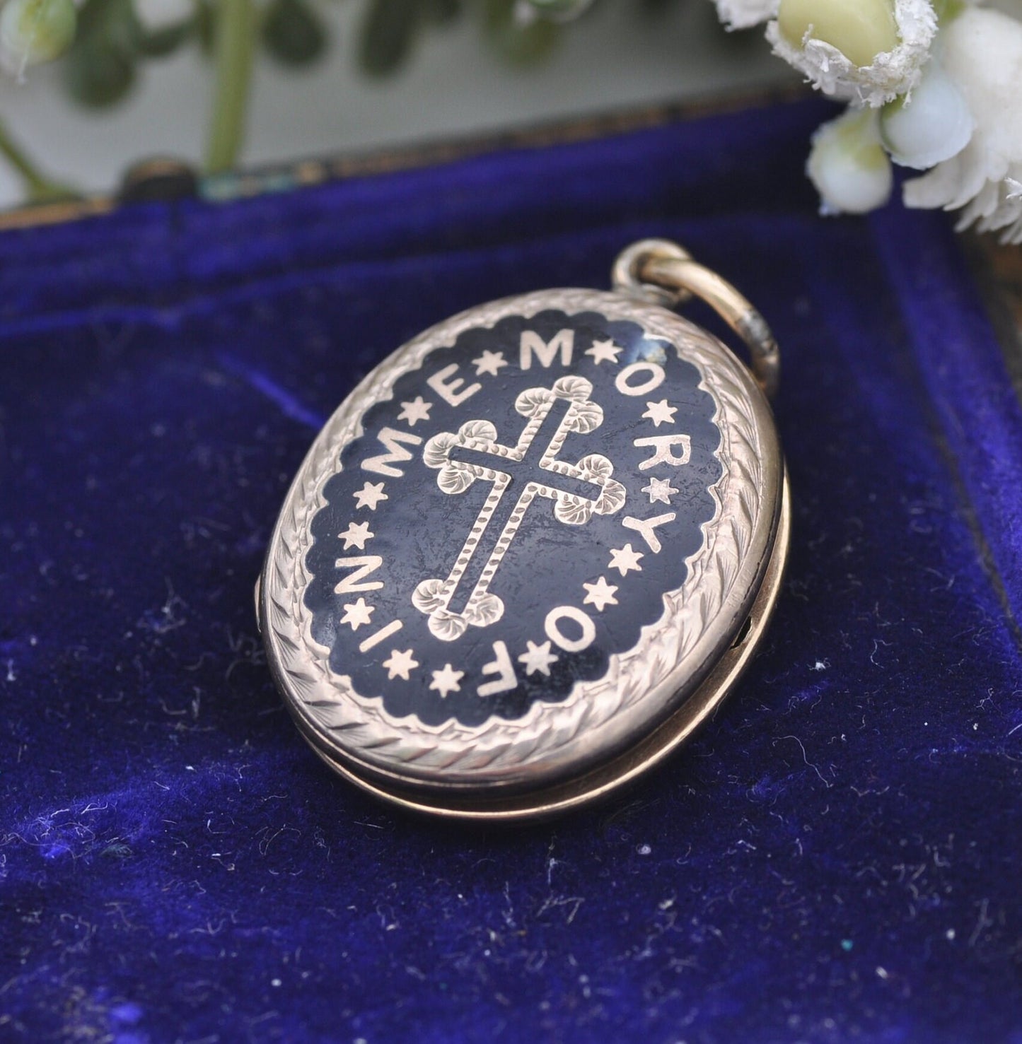 Antique Victorian Gold Back and Front Mourning Locket with Bloodstone Shield Back - Black Enamel | In Memory Of