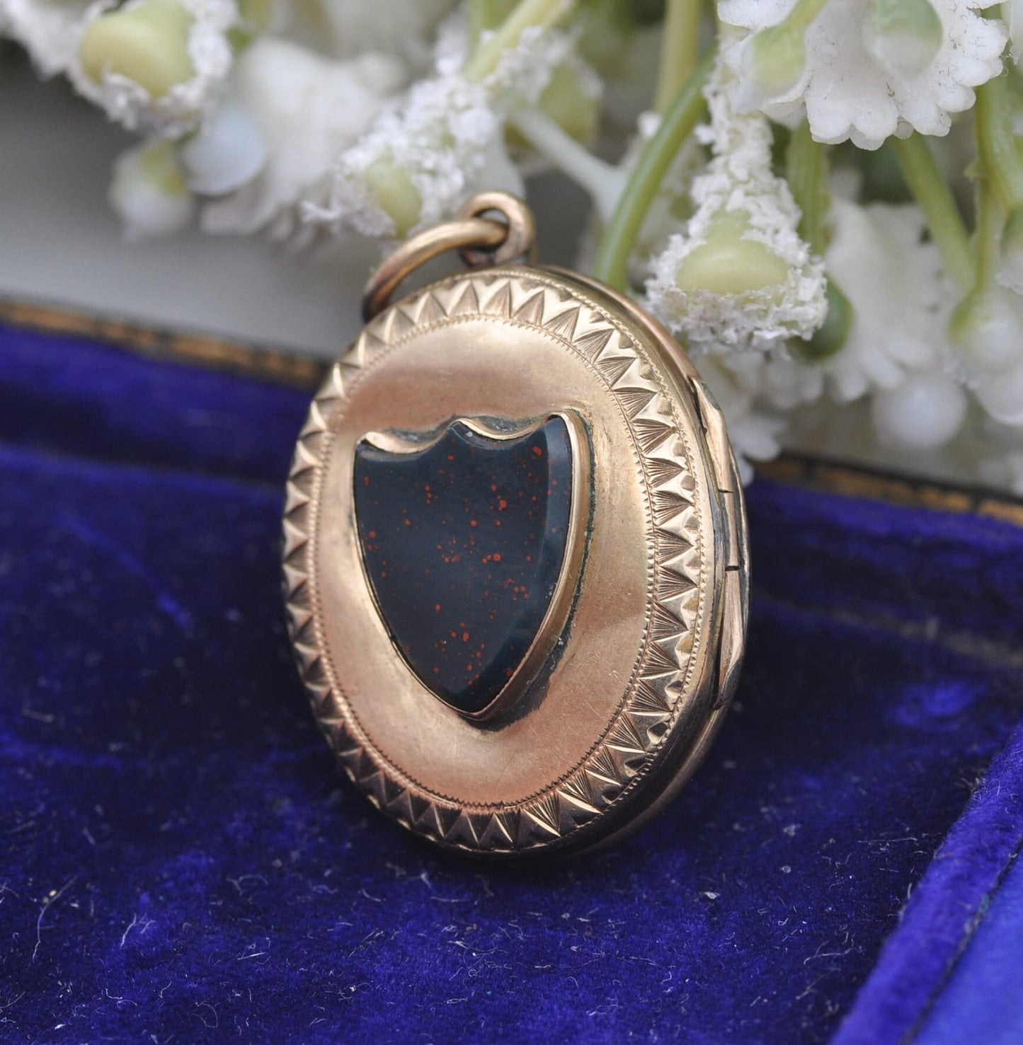 Antique Victorian Gold Back and Front Mourning Locket with Bloodstone Shield Back - Black Enamel | In Memory Of