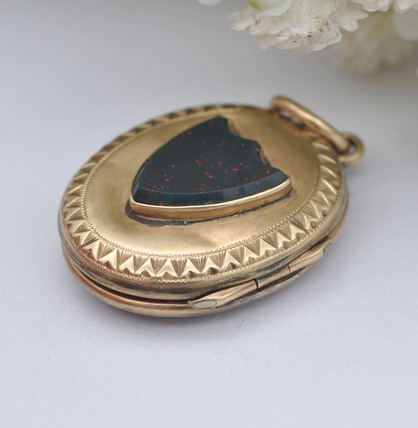 Antique Victorian Gold Back and Front Mourning Locket with Bloodstone Shield Back - Black Enamel | In Memory Of