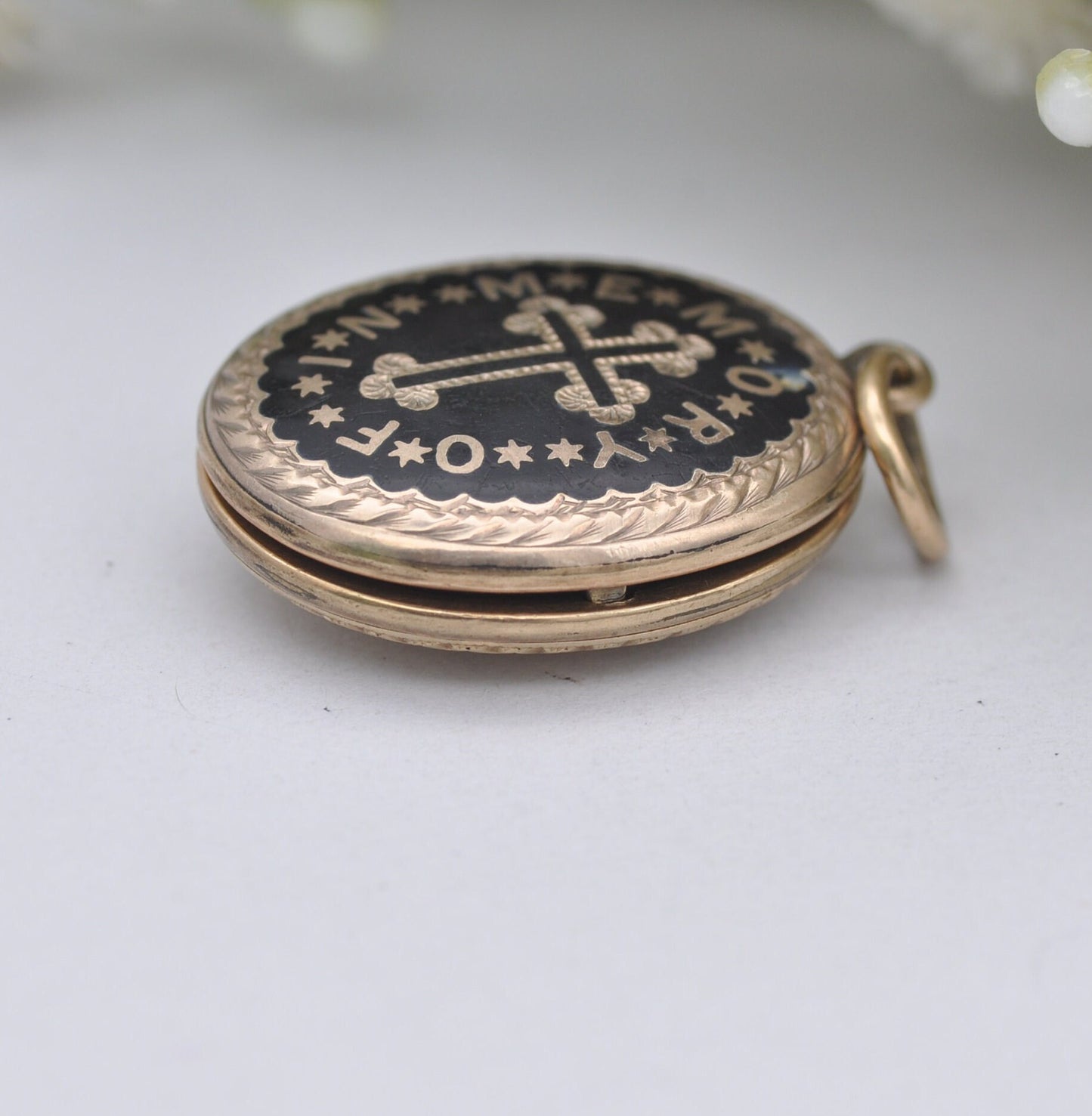 Antique Victorian Gold Back and Front Mourning Locket with Bloodstone Shield Back - Black Enamel | In Memory Of