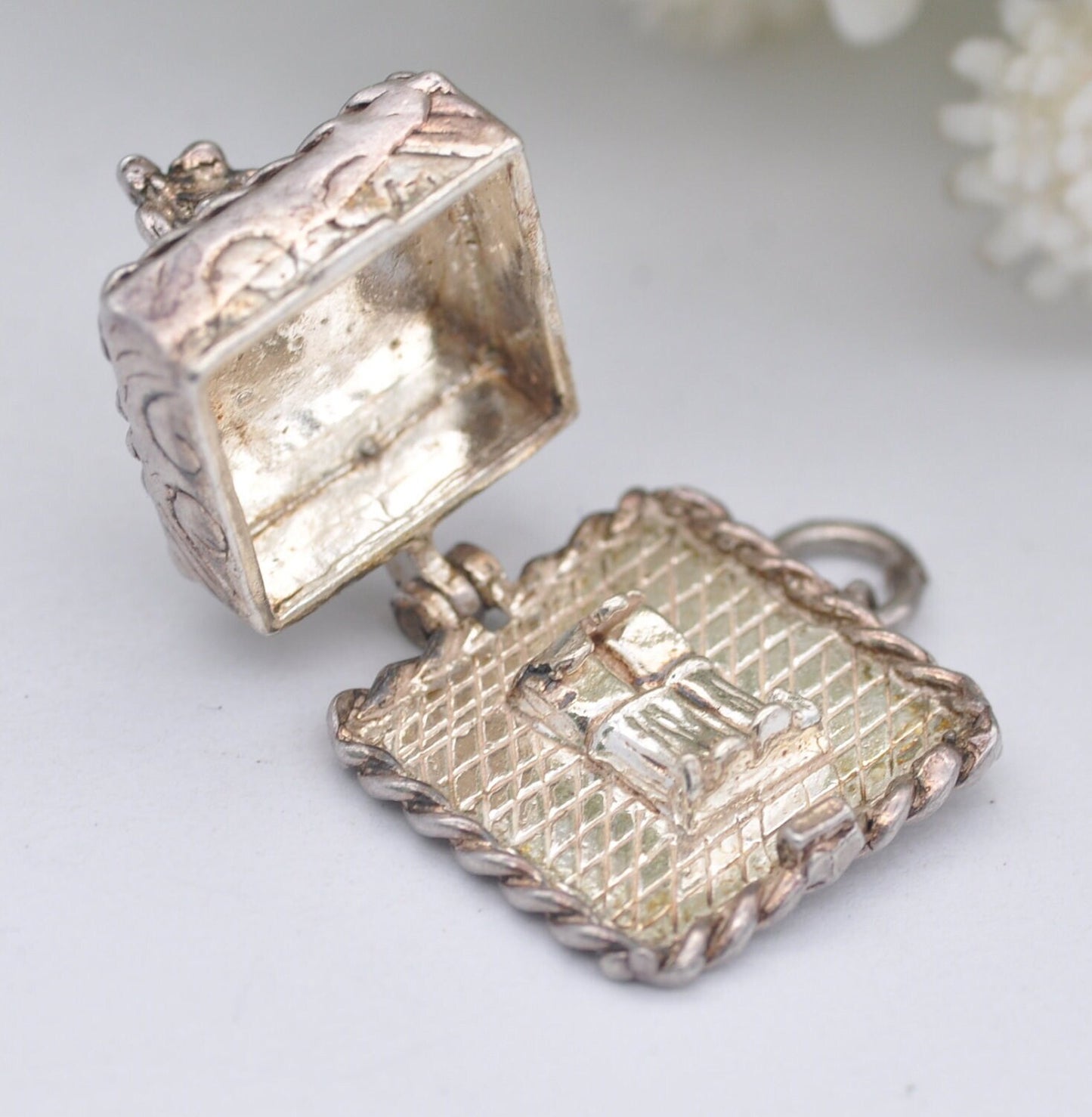 Vintage Silver Wedding Cake Charm Pendant with Couple On - Opening to reveal Double Bed