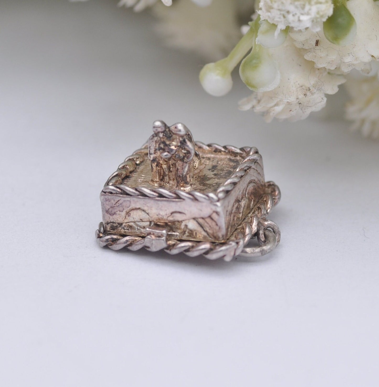 Vintage Silver Wedding Cake Charm Pendant with Couple On - Opening to reveal Double Bed