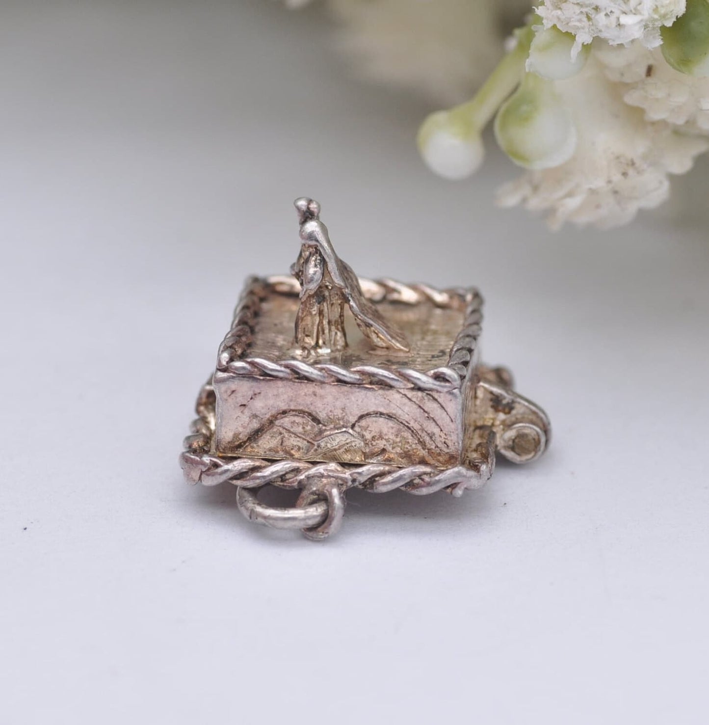 Vintage Silver Wedding Cake Charm Pendant with Couple On - Opening to reveal Double Bed