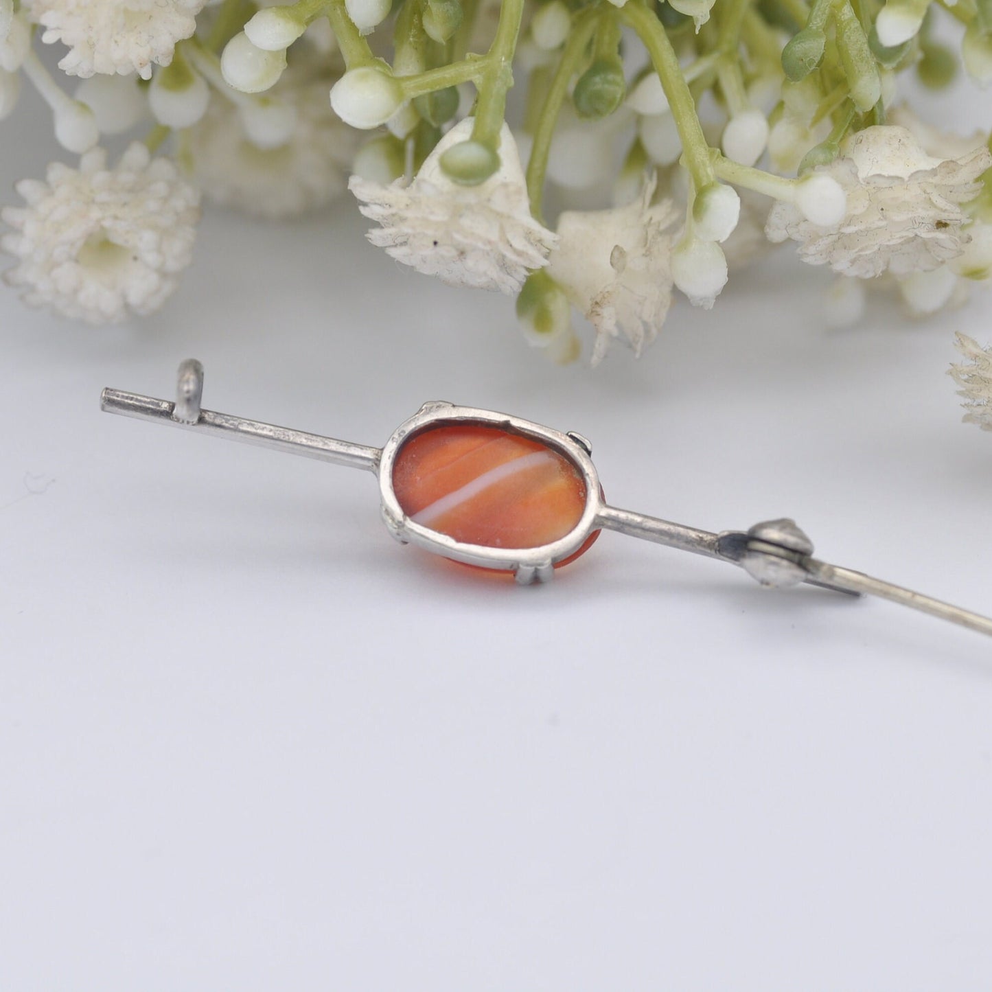 Antique Sterling Silver Red Agate Bar Brooch - Banded Agate | Orange and White