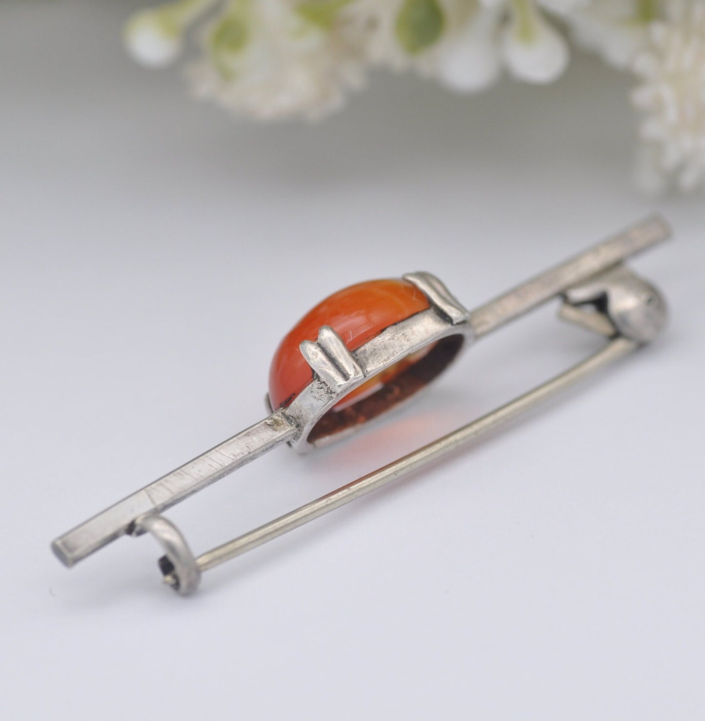 Antique Sterling Silver Red Agate Bar Brooch - Banded Agate | Orange and White