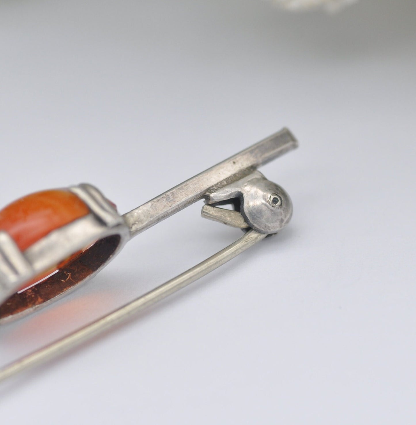 Antique Sterling Silver Red Agate Bar Brooch - Banded Agate | Orange and White