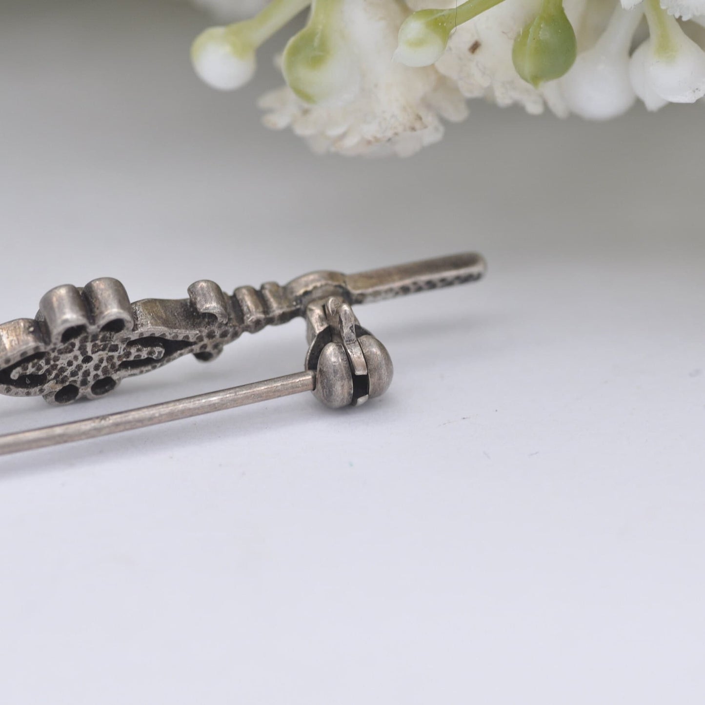 Vintage Sterling Silver Red Crystal Bar Brooch - Ornate Antique Style