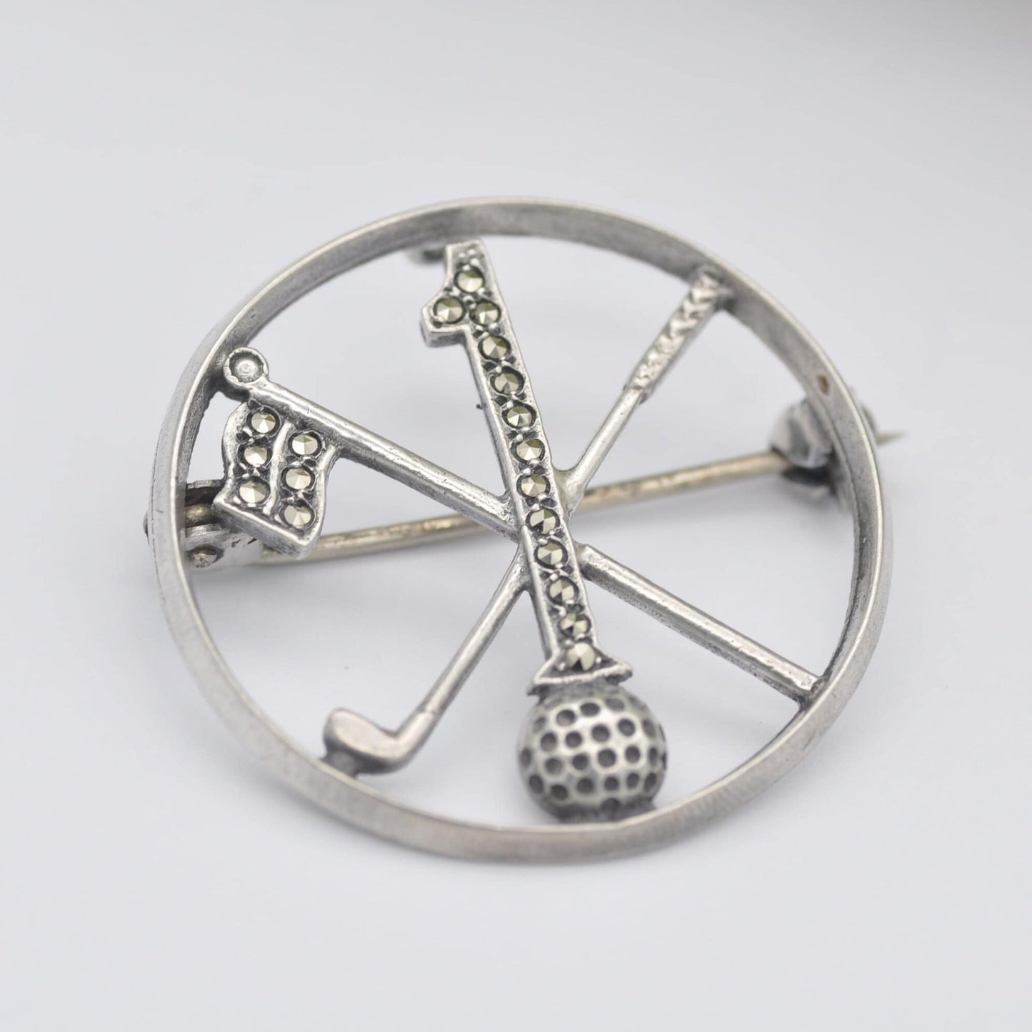 Vintage Golf Sterling Silver Hole in One Marcasite Brooch Pendant - Golfing Gift