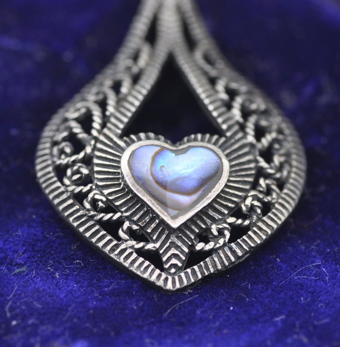 Vintage Sterling Silver Abalone Heart Pendant - Teardrop Shape