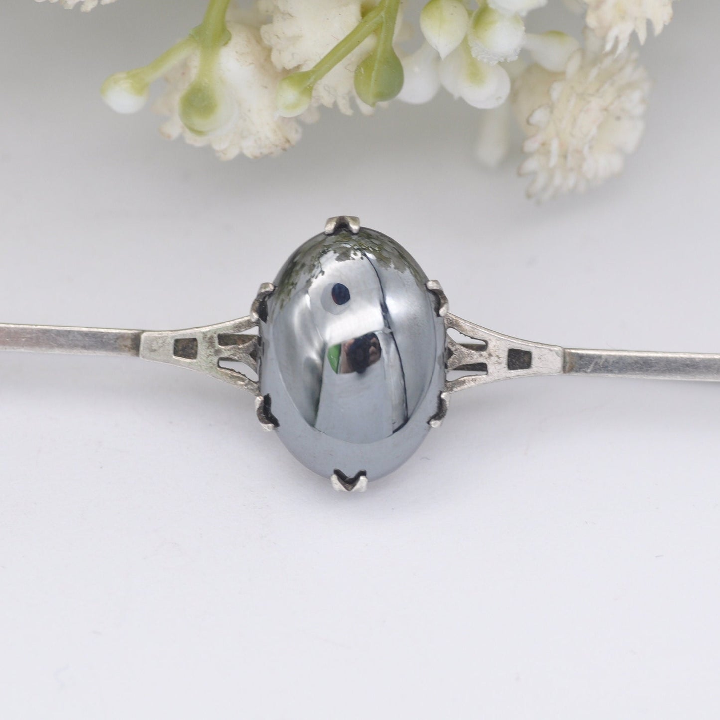 Vintage Art Deco Sterling Silver Hematite Bar Brooch - Oval Cabochon Gemstone | Machine Age