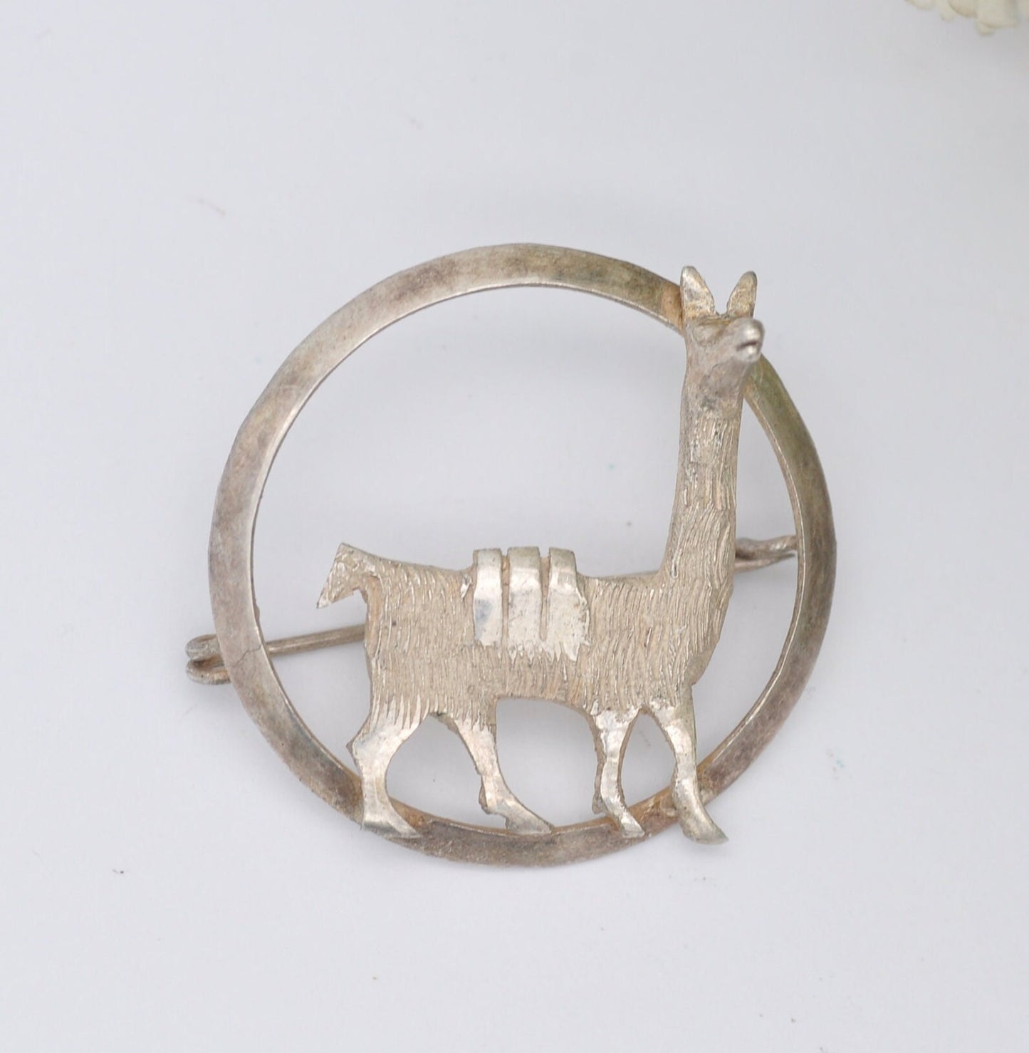 Vintage Sterling Silver Llama Brooch - Textured Fur | Silver Animal in a Circle Brooch