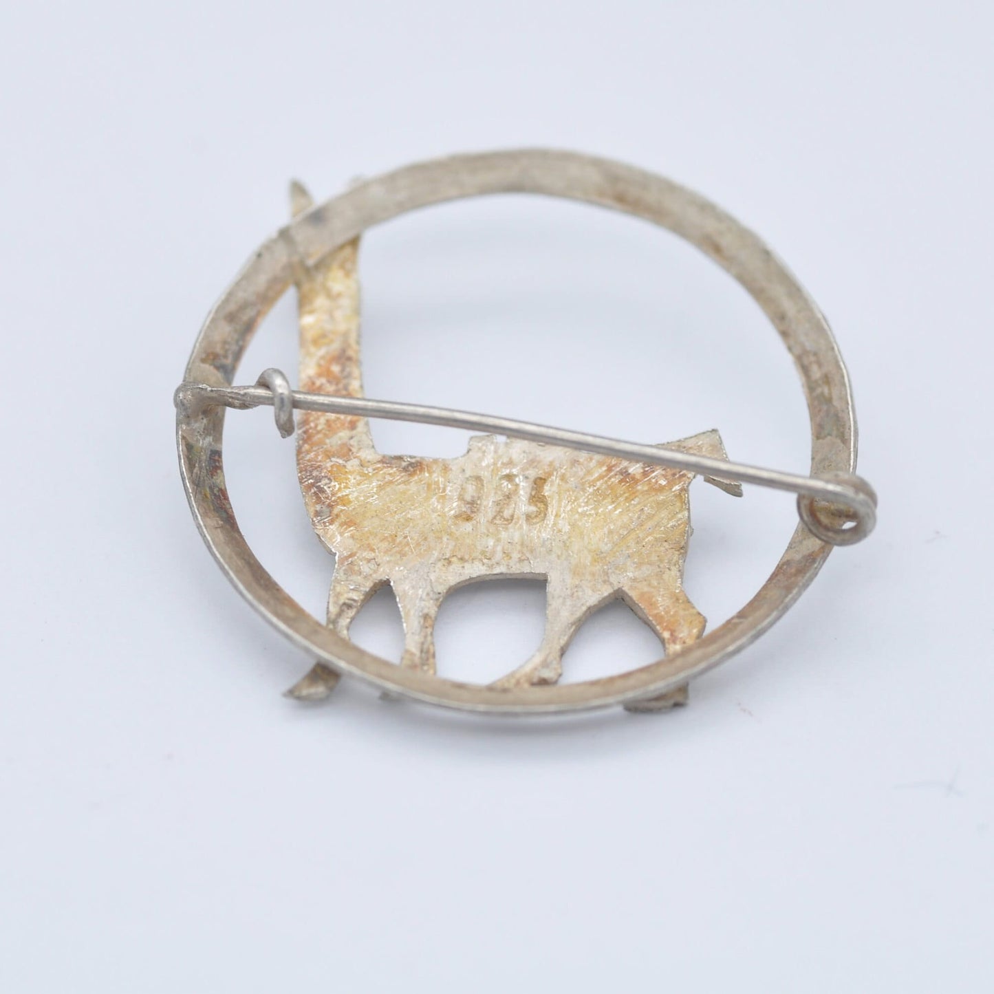Vintage Sterling Silver Llama Brooch - Textured Fur | Silver Animal in a Circle Brooch
