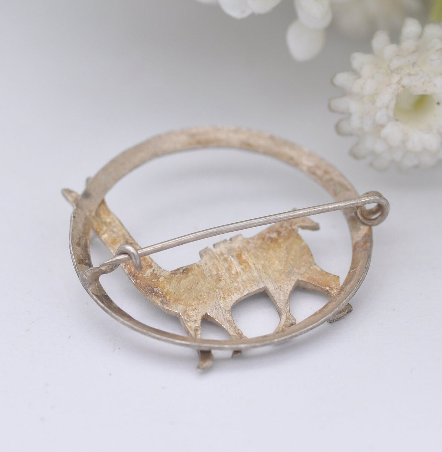 Vintage Sterling Silver Llama Brooch - Textured Fur | Silver Animal in a Circle Brooch
