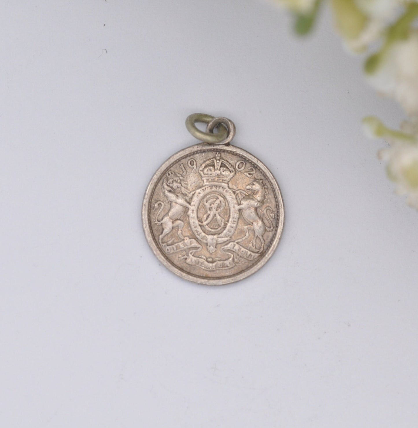 Antique Sterling Silver Edward VII 1902 Coronation Medal - Small Silver Charm Pendant