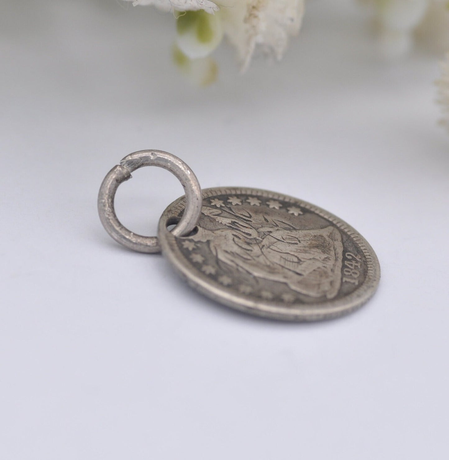 Antique Silver American Dime Coin Charm Pendant - Love Token | Engraved Frank 1865 | Seated Liberty with Stars