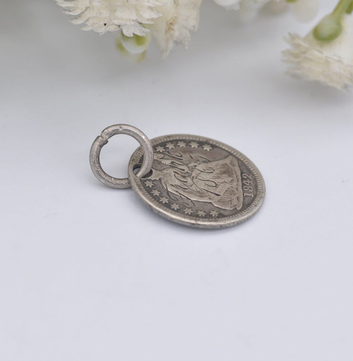 Antique Silver American Dime Coin Charm Pendant - Love Token | Engraved Frank 1865 | Seated Liberty with Stars