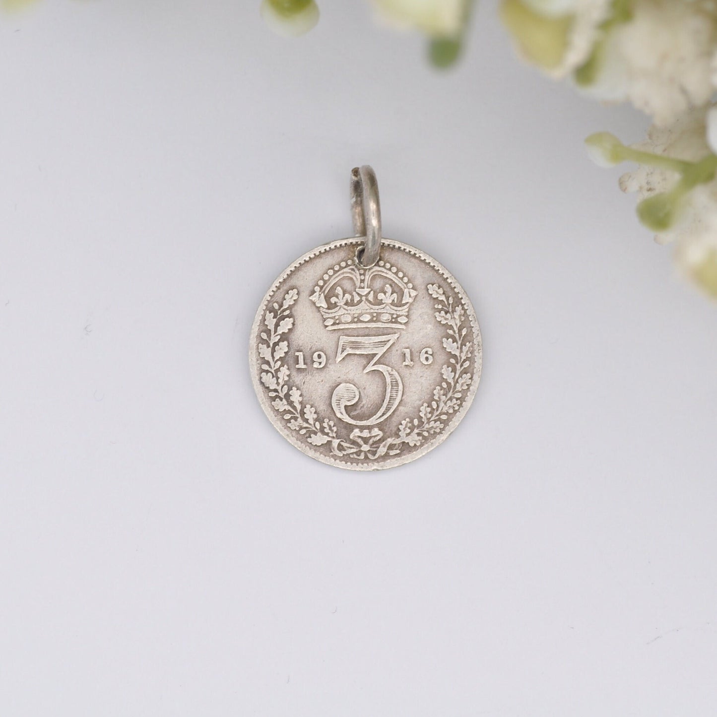 Antique Sterling Silver George V Three Pence 1916 Coin Charm Pendant - Silver Coin Jewellery