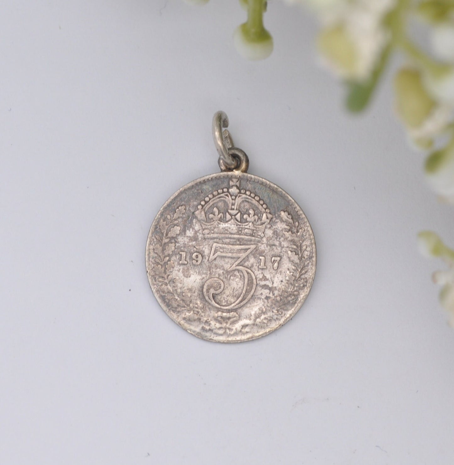 Antique Silver George V Three Pence 1917 Coin Charm Pendant - Silver Coin Jewellery