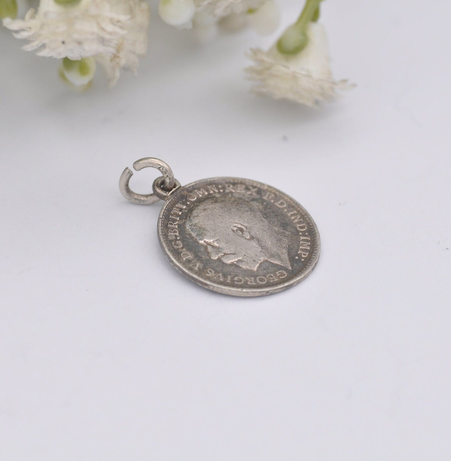 Antique Silver George V Three Pence 1917 Coin Charm Pendant - Silver Coin Jewellery