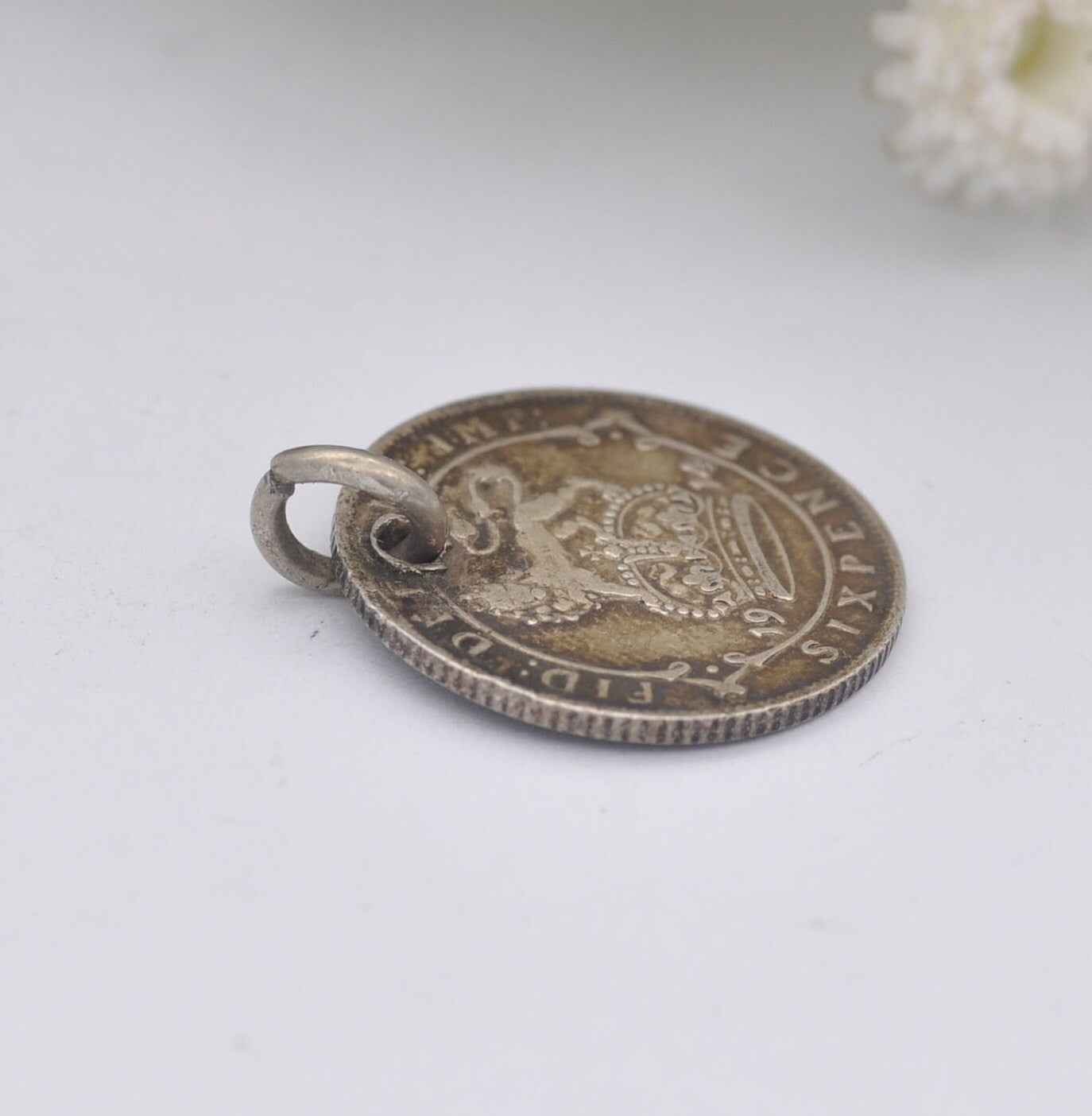 Antique Sterling Silver George V Six Pence 1914 Coin Charm Pendant - Silver Coin Jewellery