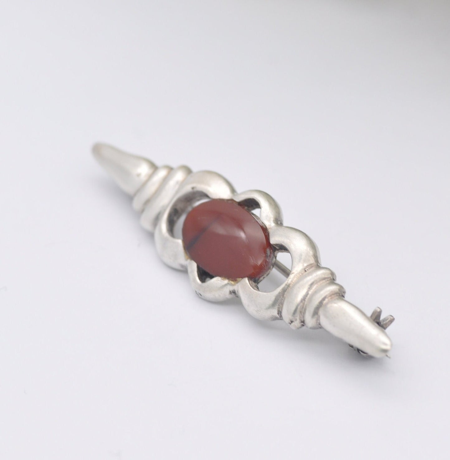 Vintage Sterling Silver Red Jasper Bar Brooch - Mid-Century Modernist Design
