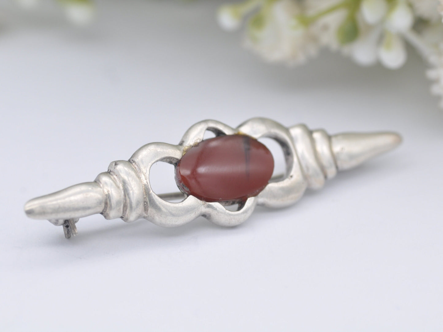 Vintage Sterling Silver Red Jasper Bar Brooch - Mid-Century Modernist Design