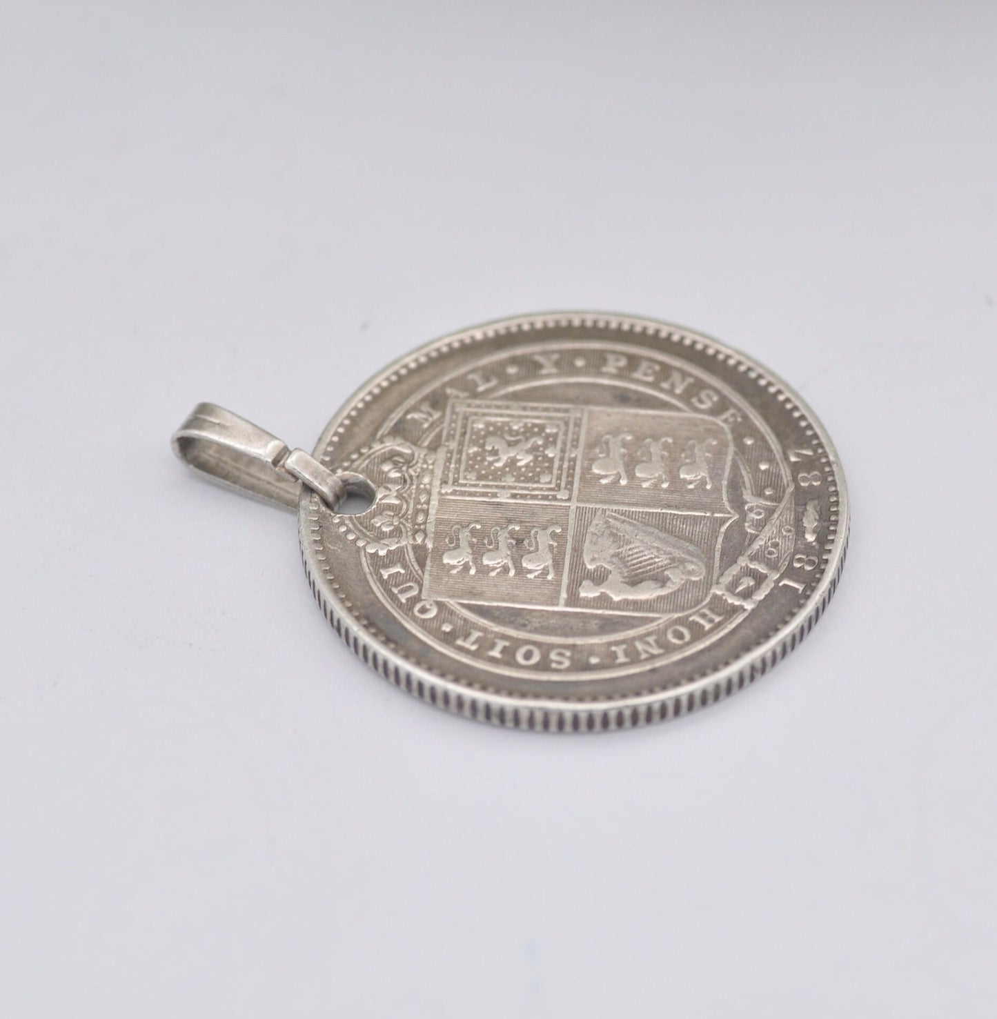 Antique Victorian Silver Shilling 1887 Coin Charm Pendant - Victoria Silver Coin Jewellery | Shield
