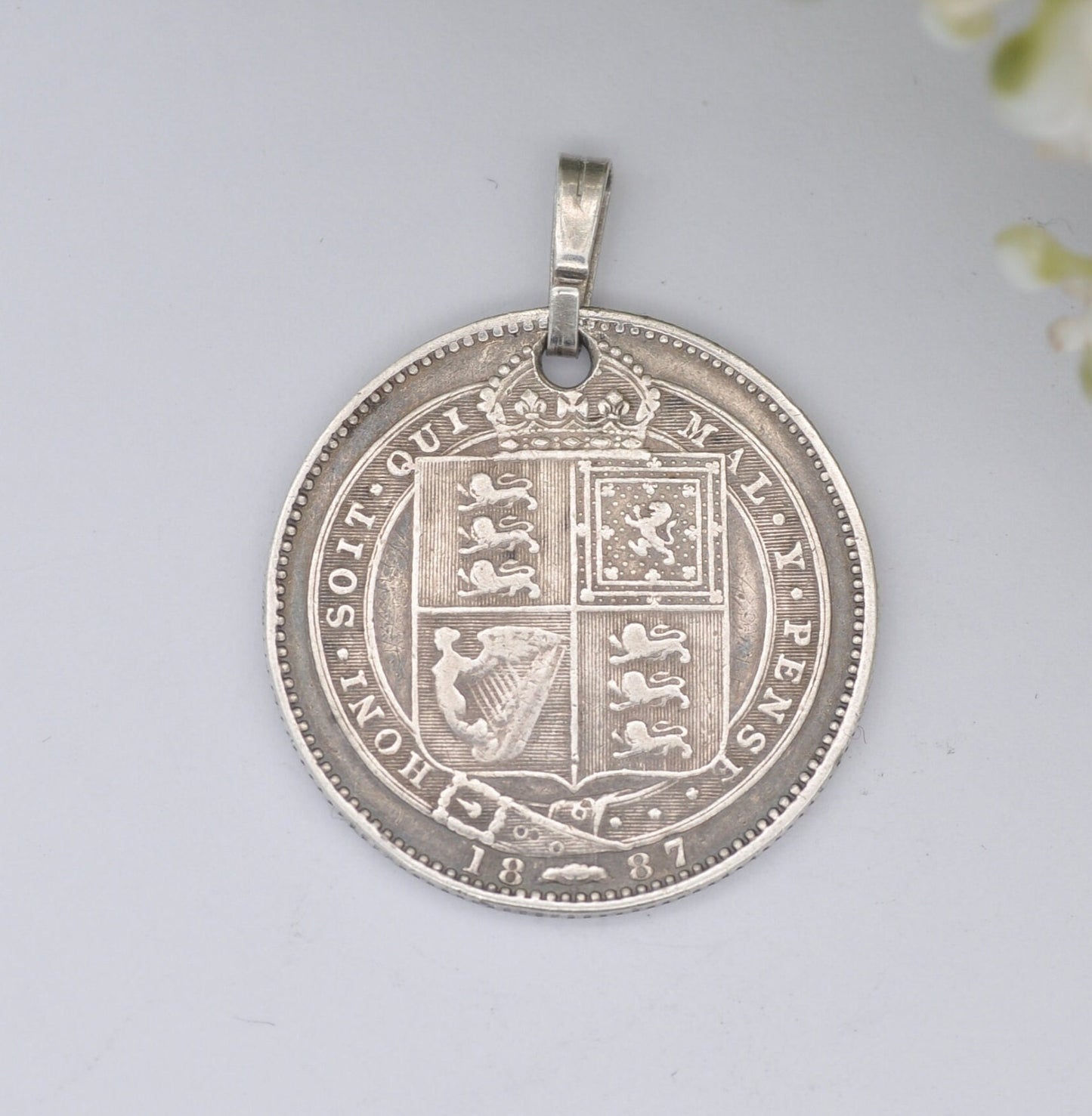 Antique Victorian Silver Shilling 1887 Coin Charm Pendant - Victoria Silver Coin Jewellery | Shield