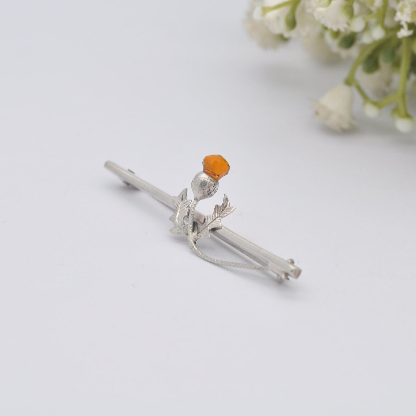 Antique Scottish Sterling Silver Thistle Bar Brooch - Orange Paste | Hand Engraved